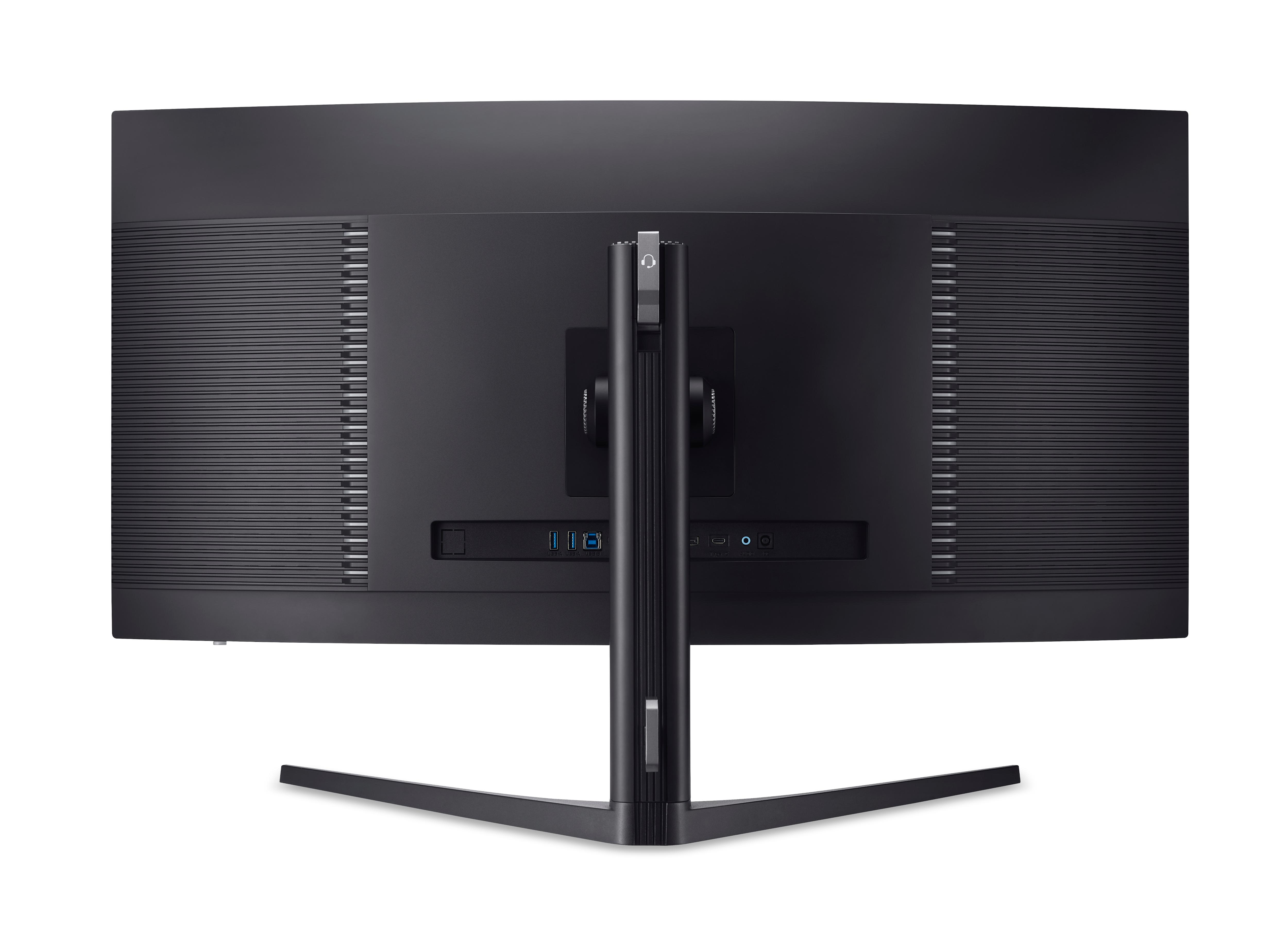 Rückseite eines schwarzen Monitors mit Ständer und Anschlüssen, auf Weiß isoliert.