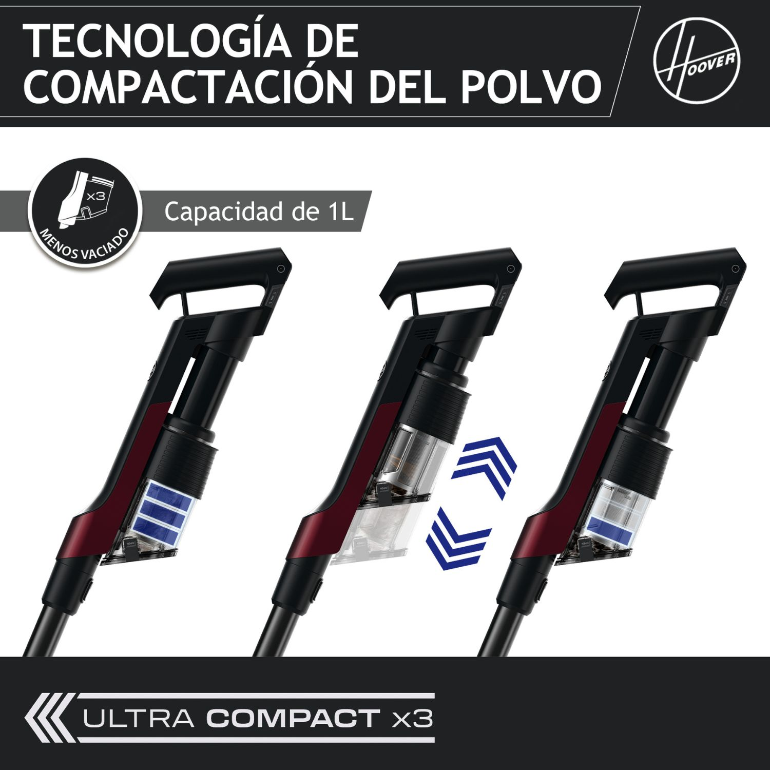 Aspirador escoba - Hoover HF2 HOME, Sin cable, Ultraligera, Cepillo anti-enredos, Luces LED, Rojo