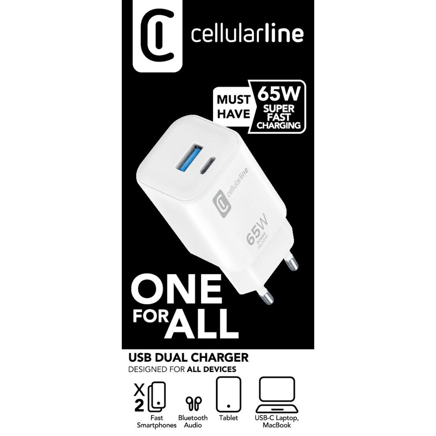 Un chargeur double USB blanc avec port bleu et texte : "ONE FOR ALL" et "65W".