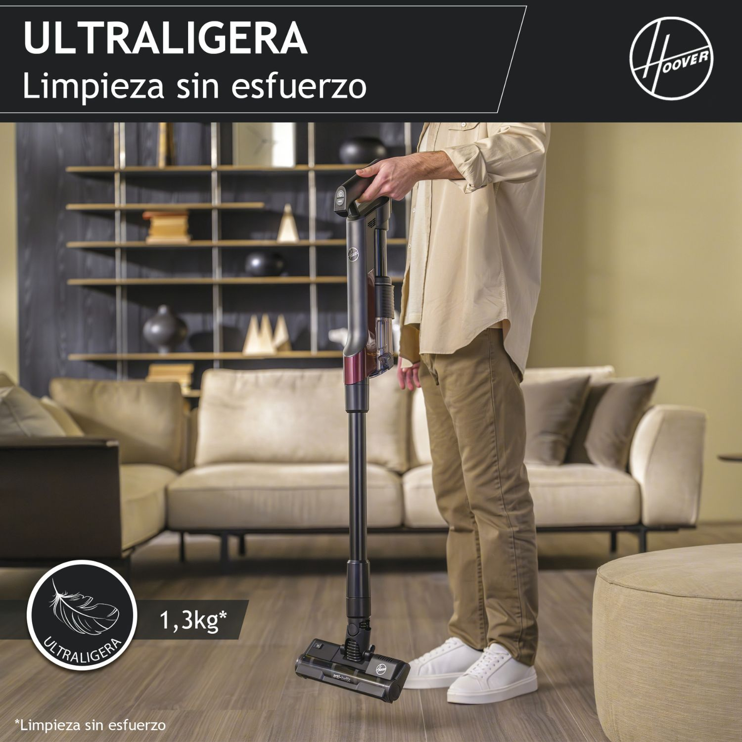 Aspirador escoba - Hoover HF2 HOME, Sin cable, Ultraligera, Cepillo anti-enredos, Luces LED, Rojo