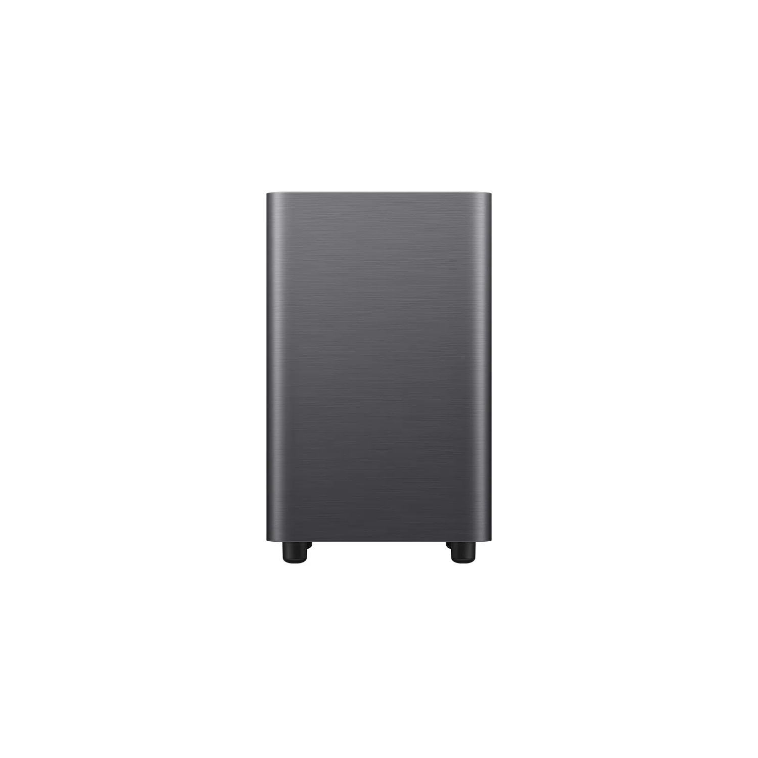 Dunkelgrauer Subwoofer auf weißem Hintergrund. Rechteckige Form mit zwei kleinen Füßen.