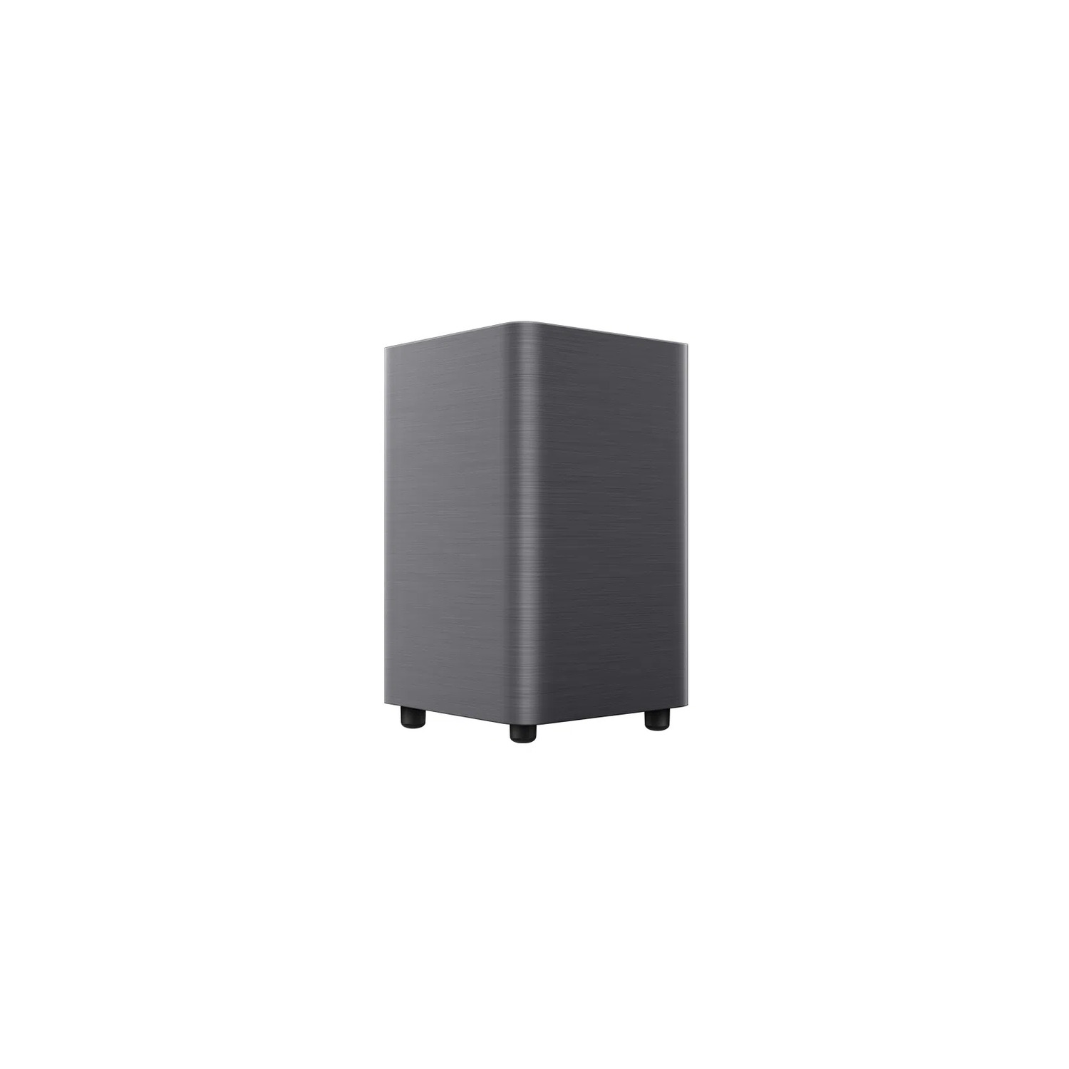 Ein grauer, rechteckiger Subwoofer vor weißem Hintergrund, von vorne gesehen.
