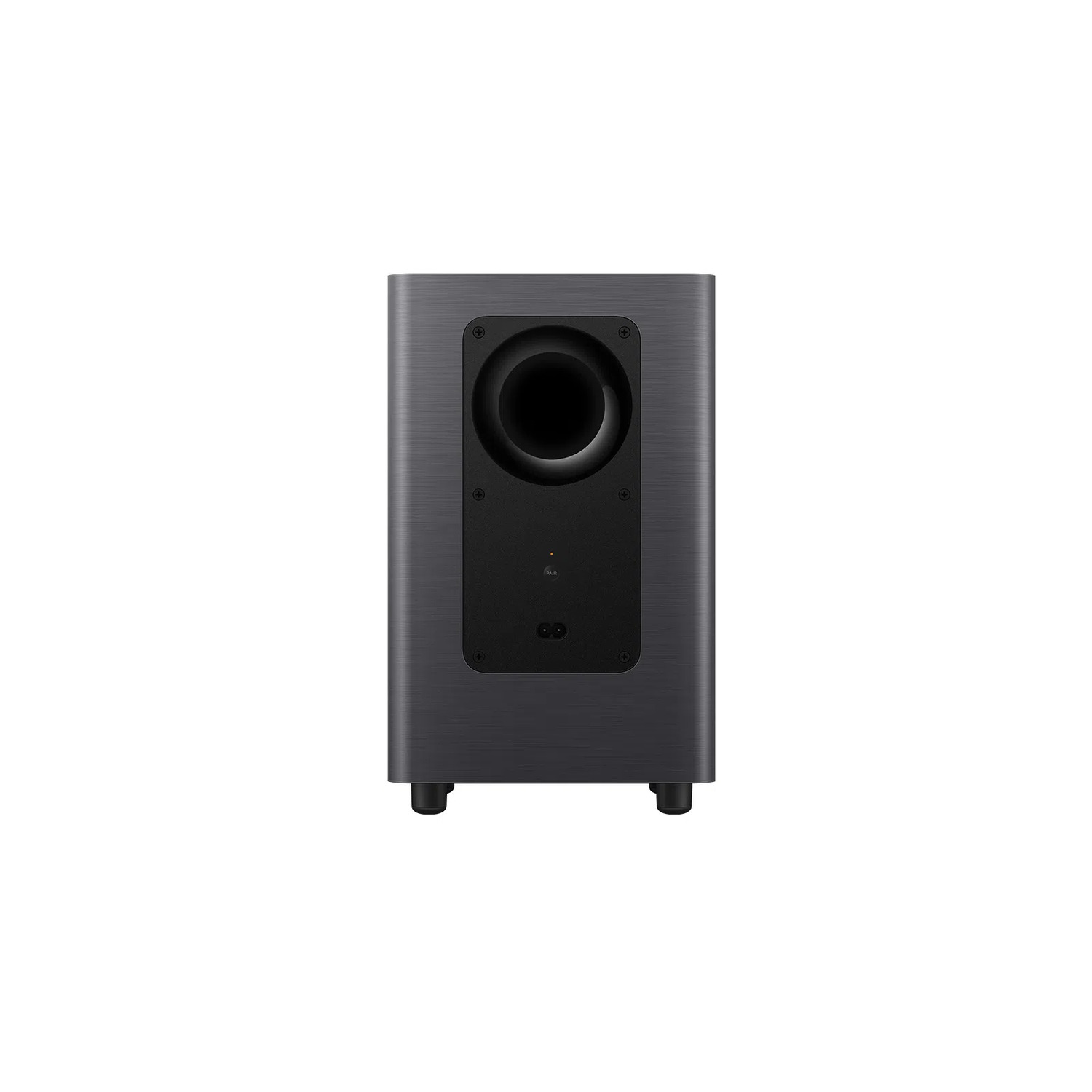 Ein schwarzer Subwoofer, Vorderansicht, mit einem großen zentralen Lautsprecher.