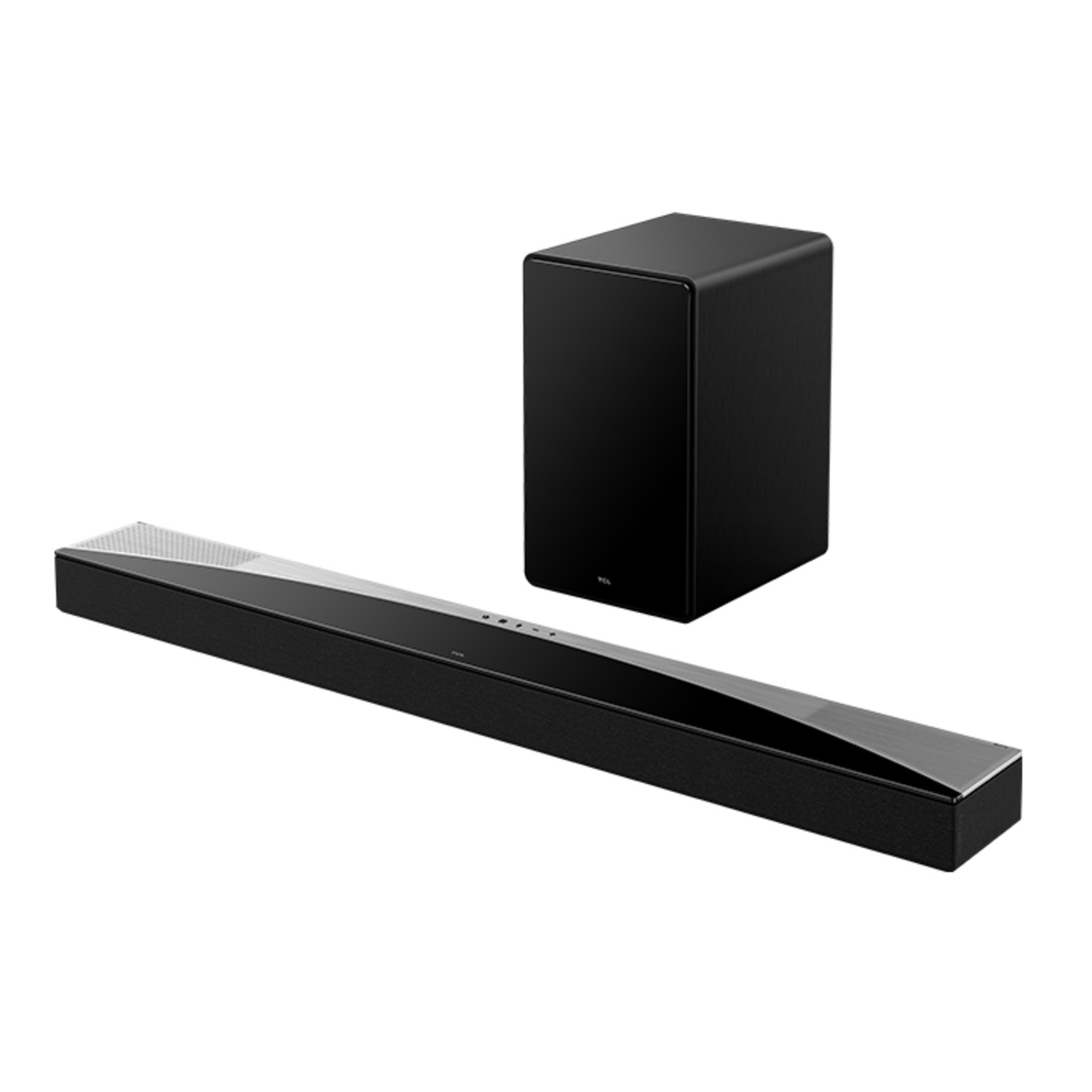 Une barre de son noire et un caisson de basses noir sur une surface blanche.
