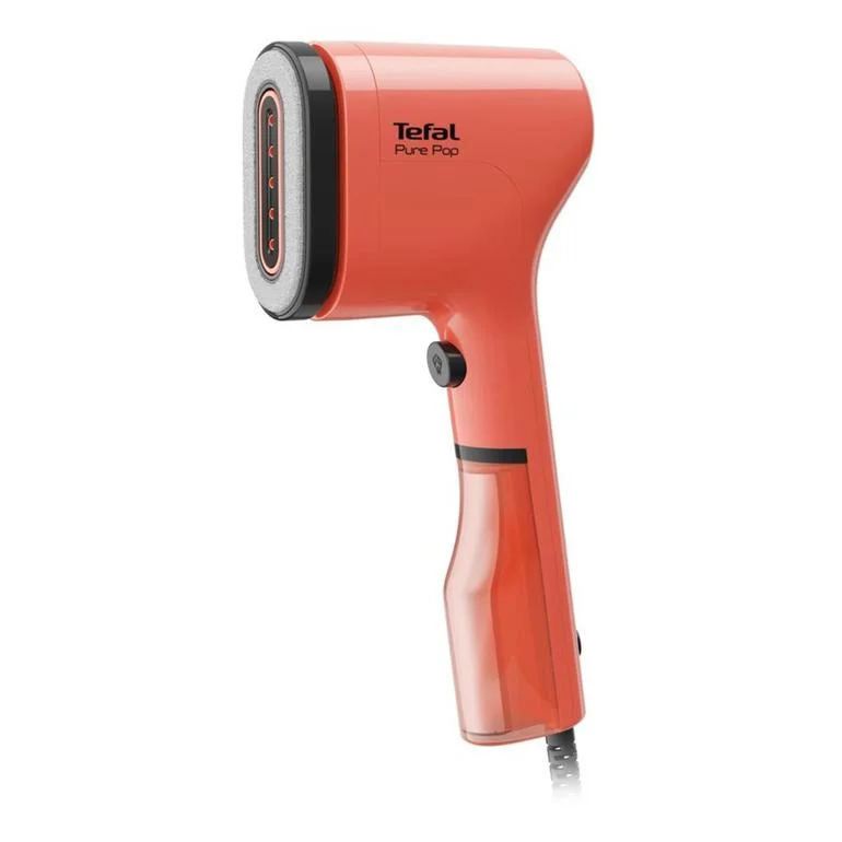 Siyah bir düğme ve kablo ile turuncu Tefal Pure Pop vapuru.