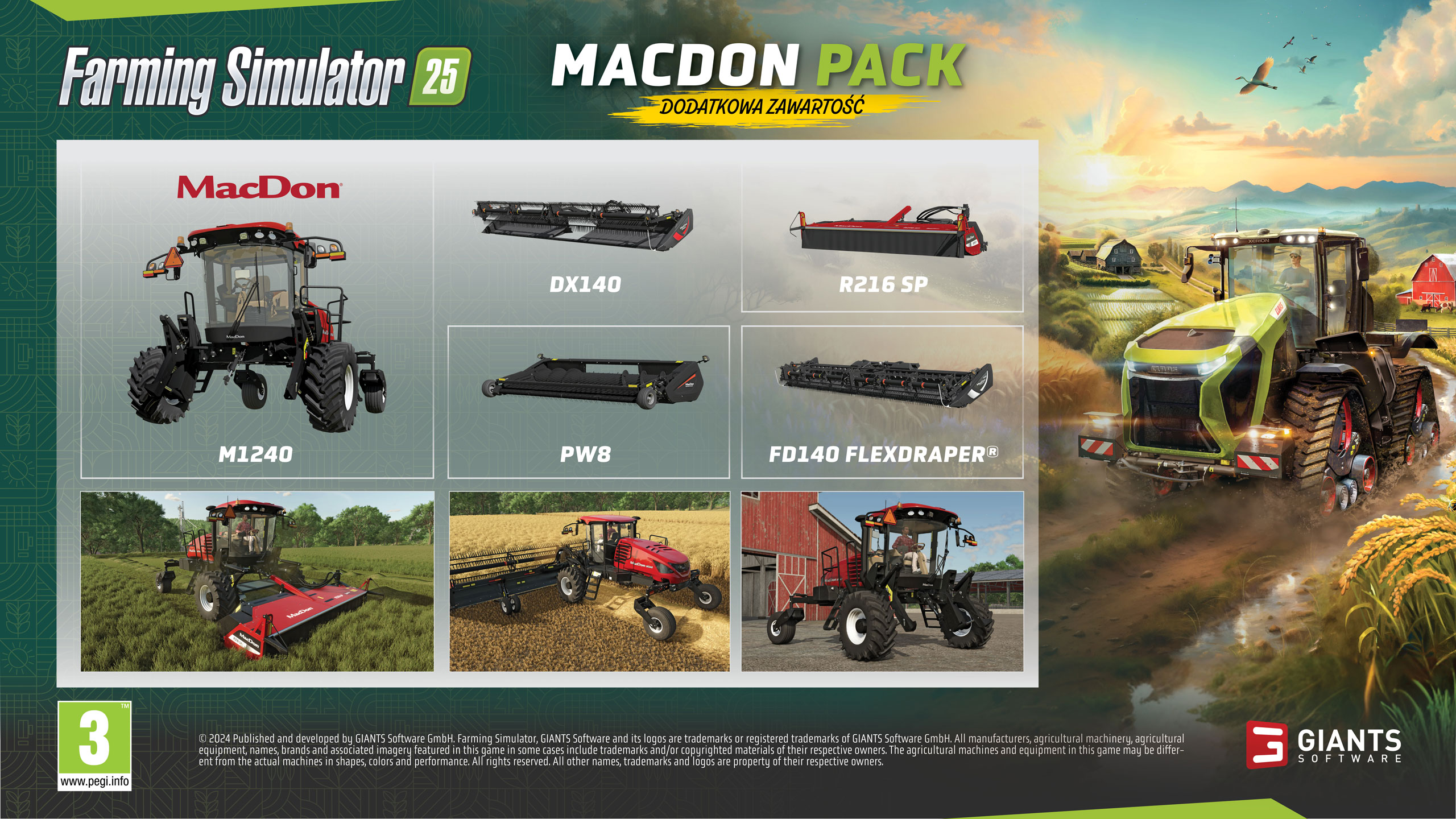 Reklama Farming Simulator 25 MacDon Pack. Prezentuje sprzęt rolniczy, w tym kombajny i traktory, na tle pola.