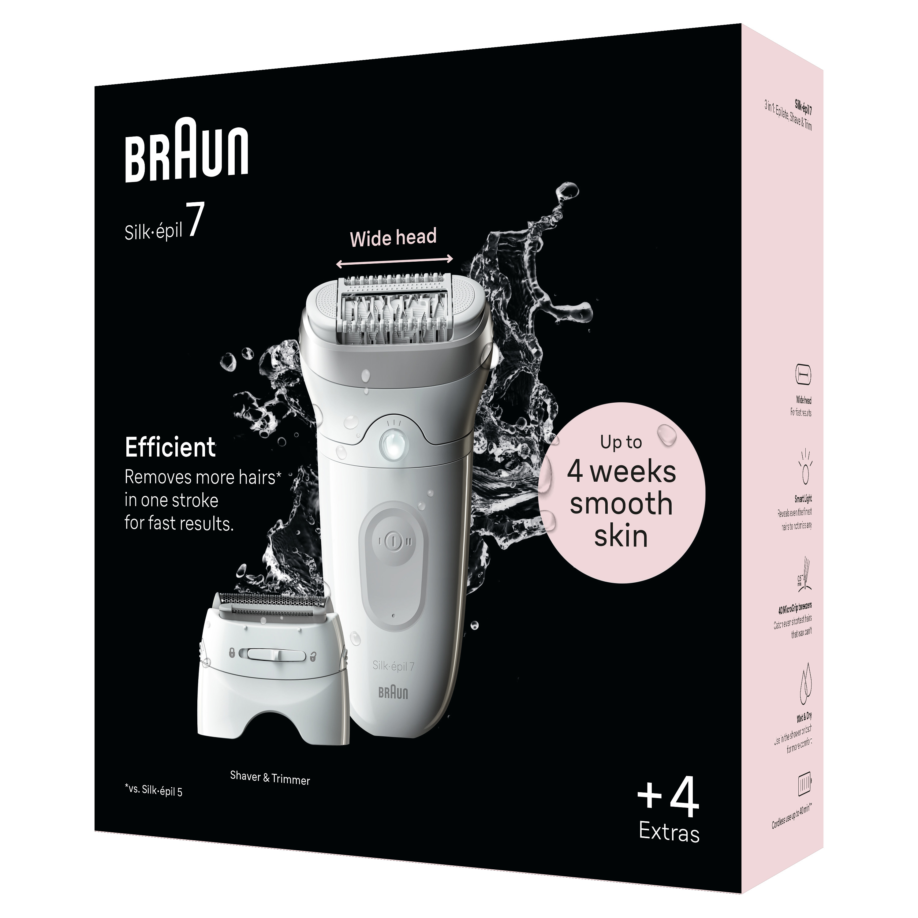 Su sıçrama efektli epilatör, tıraş makinesi ve düzeltici içeren Braun Silk-épil 7 kutusu.