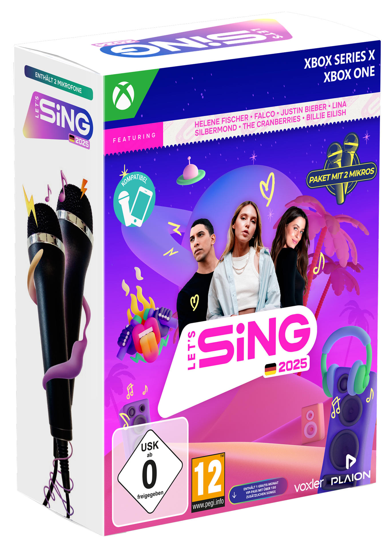 Let's Sing 2025 Spielbox. Enthält Sänger und Mikrofone, leuchtende Farben und Spieldetails.