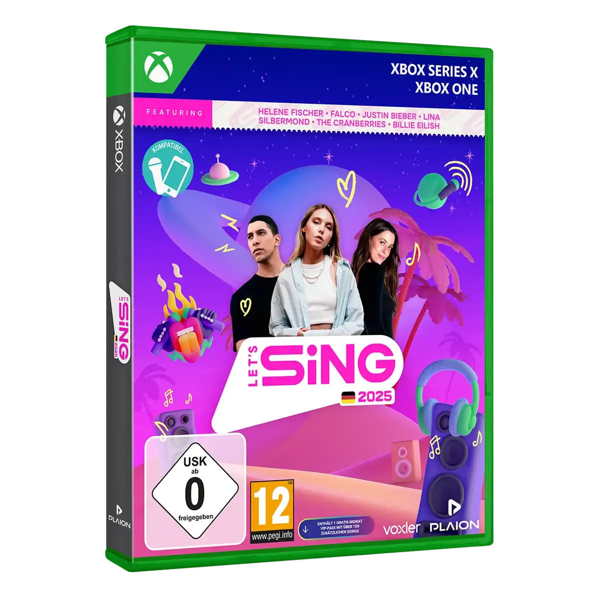 Spielverpackung für 'Let's Sing 2025' mit drei Personen und dem Xbox-Logo.