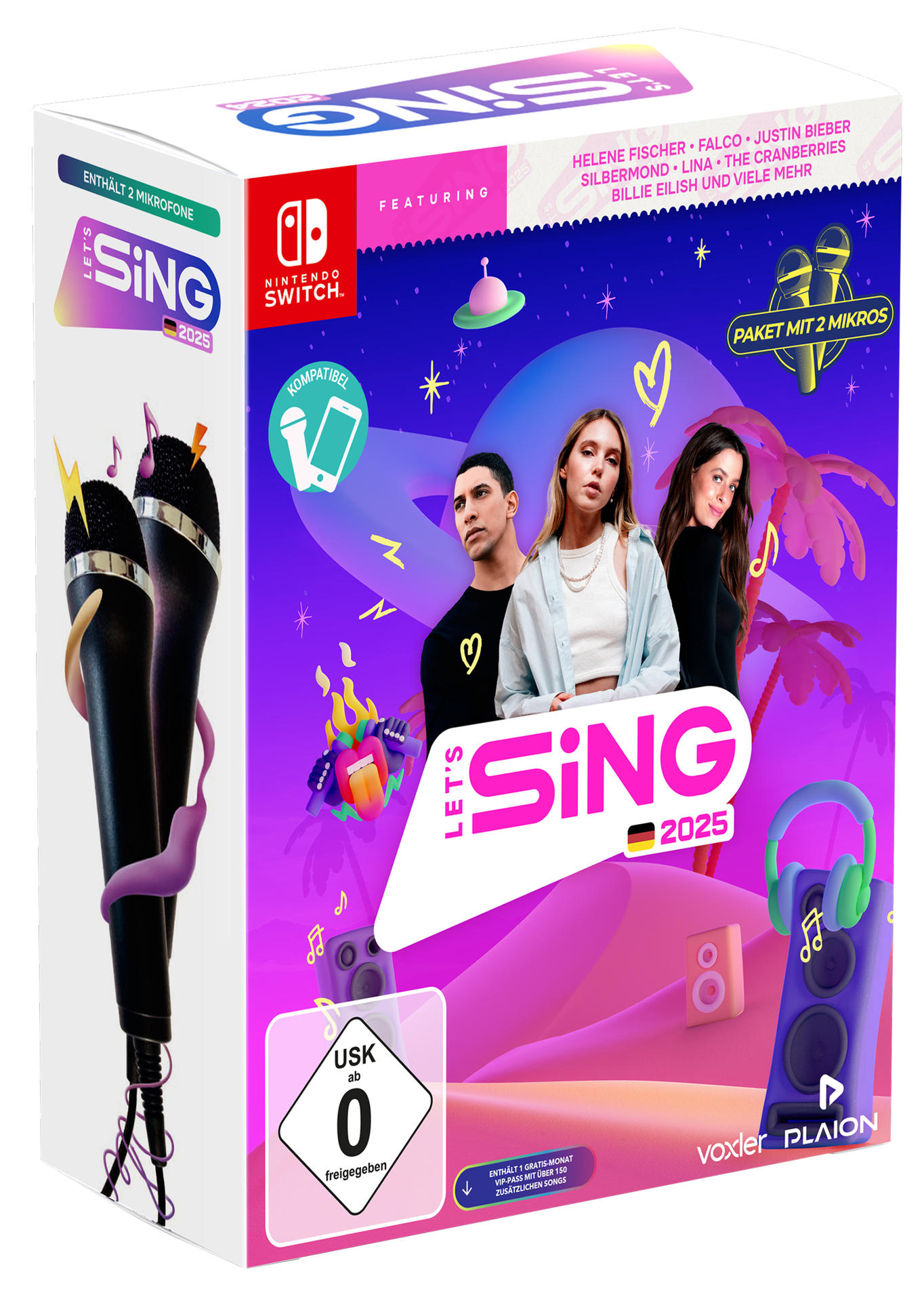 Box von Let's Sing 2025 mit zwei Mikrofonen. Verschiedene Künstler auf dem Cover.