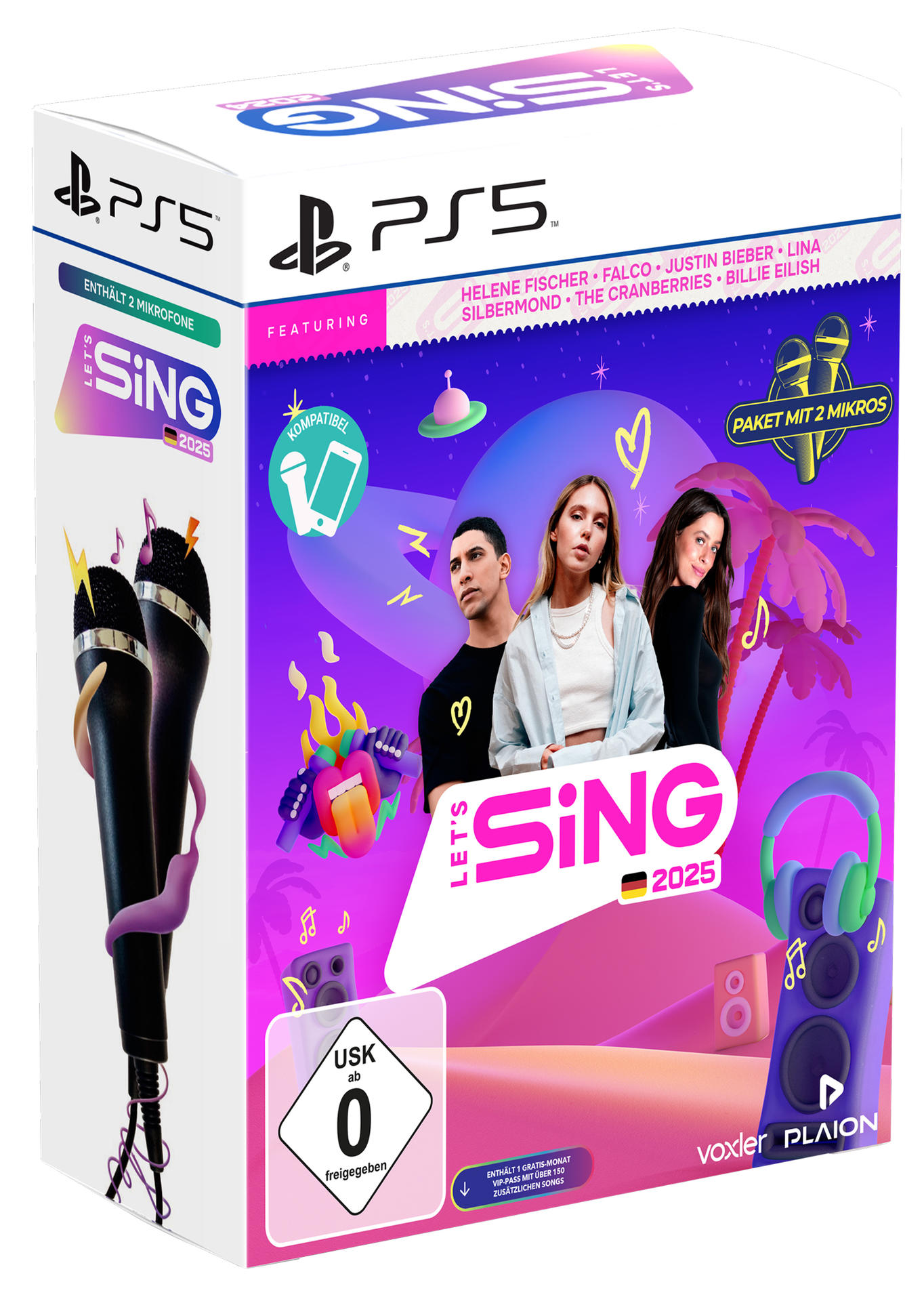 Spielbox für 'Let's Sing 2025' mit Sängern und Mikrofonen.