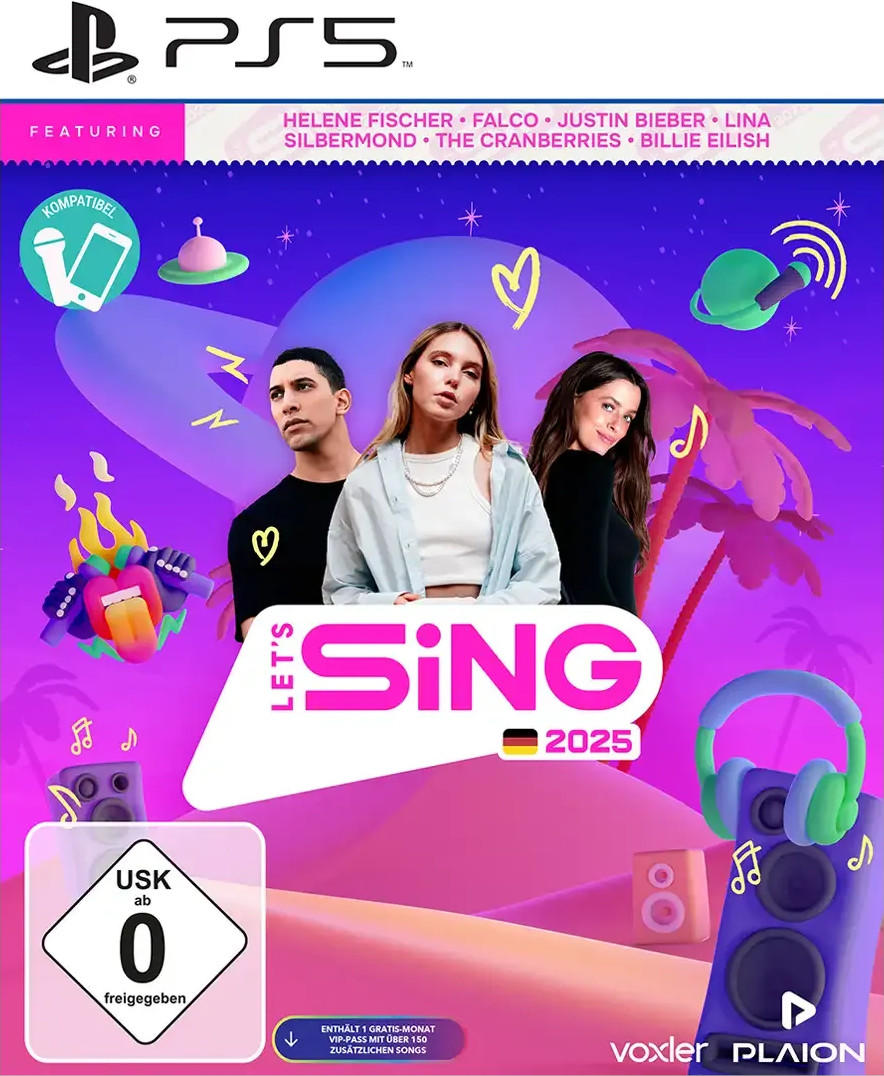 Let's Sing 2025 Spielcover mit drei Personen und Noten auf pinkem Hintergrund.