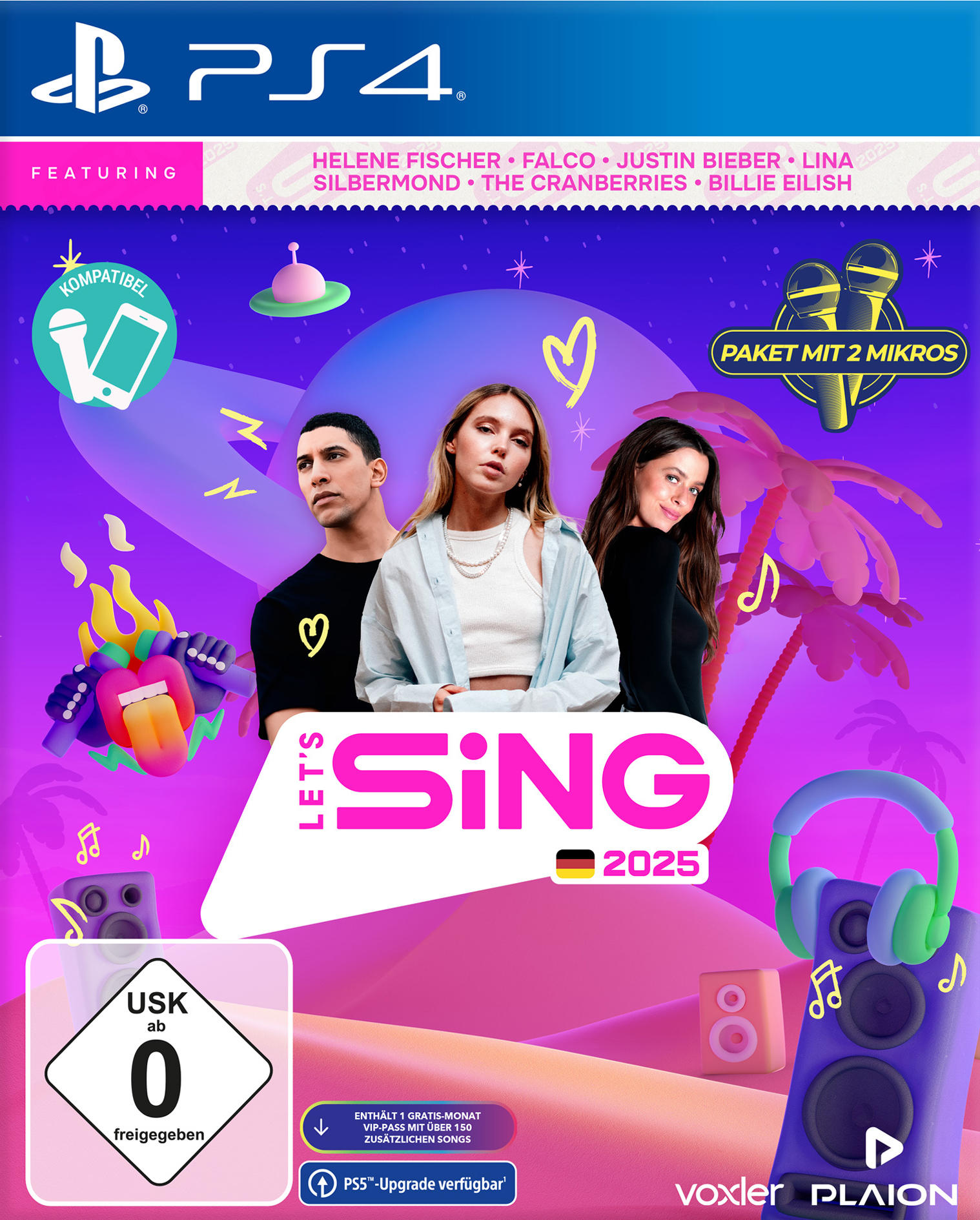 Spiele-Cover: Let's Sing 2025. Zeigt drei Personen, Mikrofone und Noten auf lila Hintergrund.
