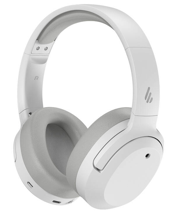 Białe słuchawki z szarymi nausznikami. Słuchawki są na białym tle.