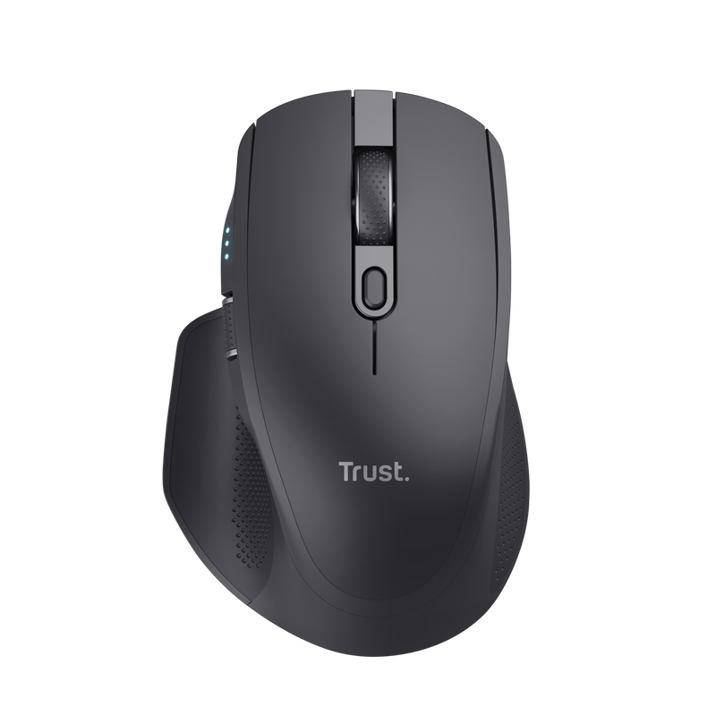 Ratón ergonómico negro con agarre texturizado y marca Trust sobre fondo negro.