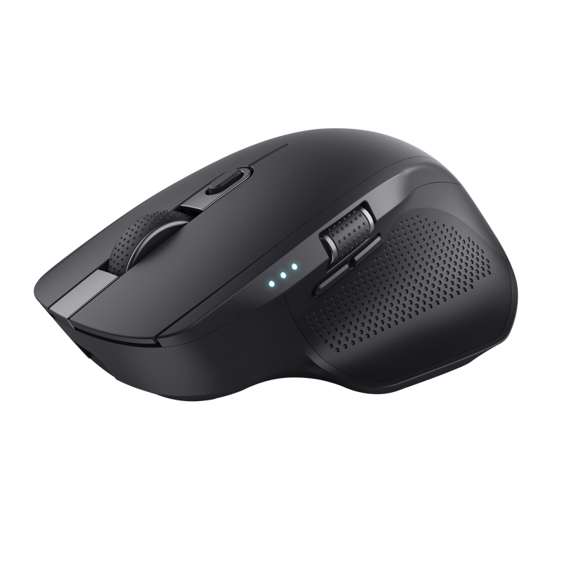 Ratón inalámbrico negro con rueda de desplazamiento y tres luces indicadoras azules.