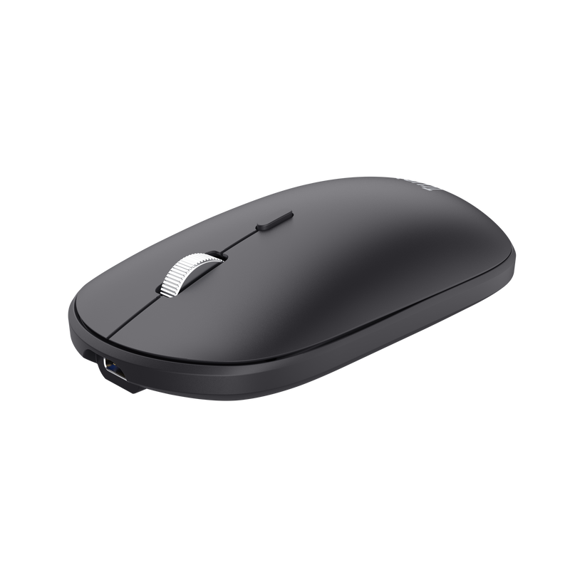 Ratón inalámbrico negro. Rueda de desplazamiento plateada y puerto USB-C. Sobre fondo oscuro.