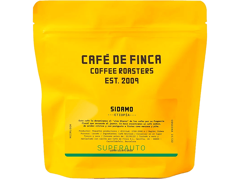 Café en grano - de Finca Etiopía Sidamo, Heirloom, Sabor a Manzana y Piña, Apto para Cafeteras Superautomáticas, 1 kg