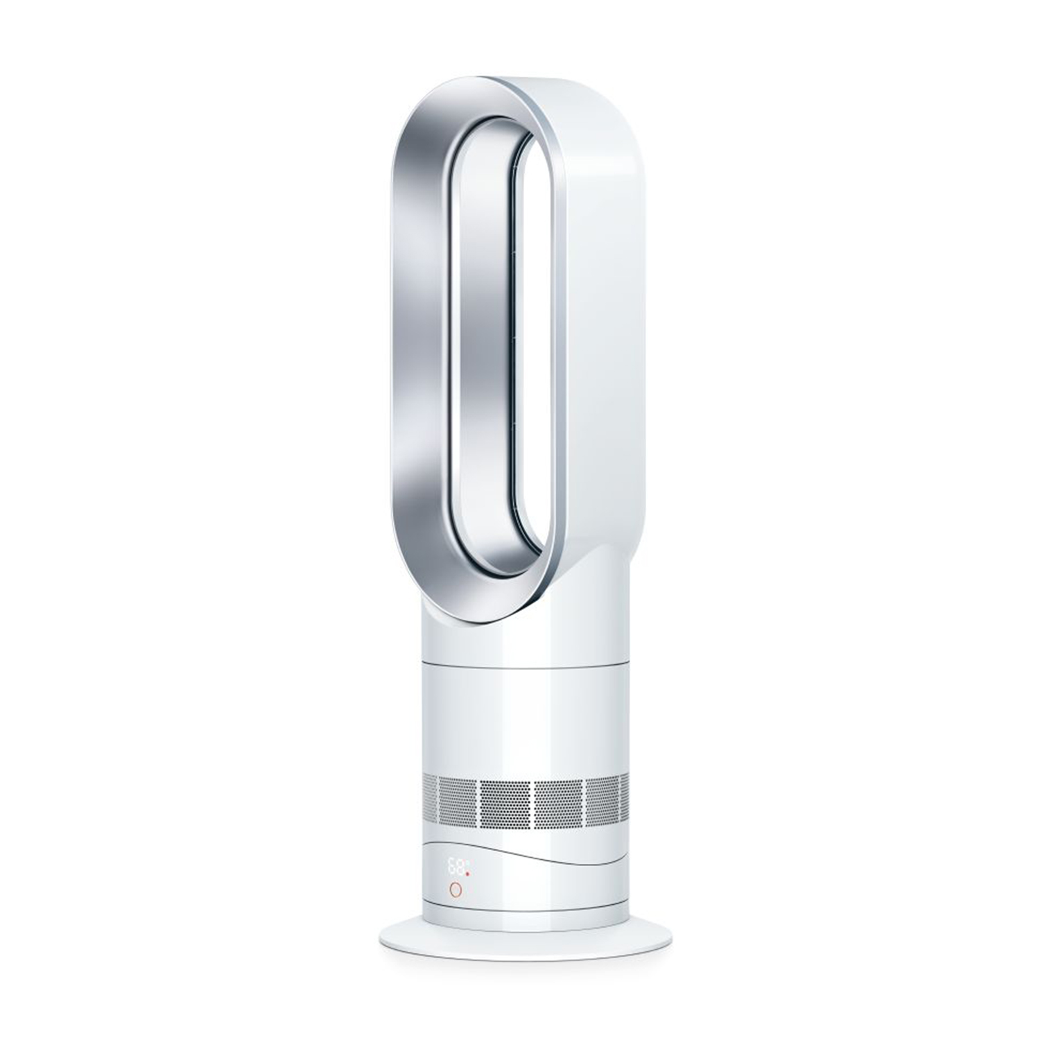 Ventilatore Dyson bianco. Anello ovale in alto. Accento argentato. Base bianca. Sfondo bianco.