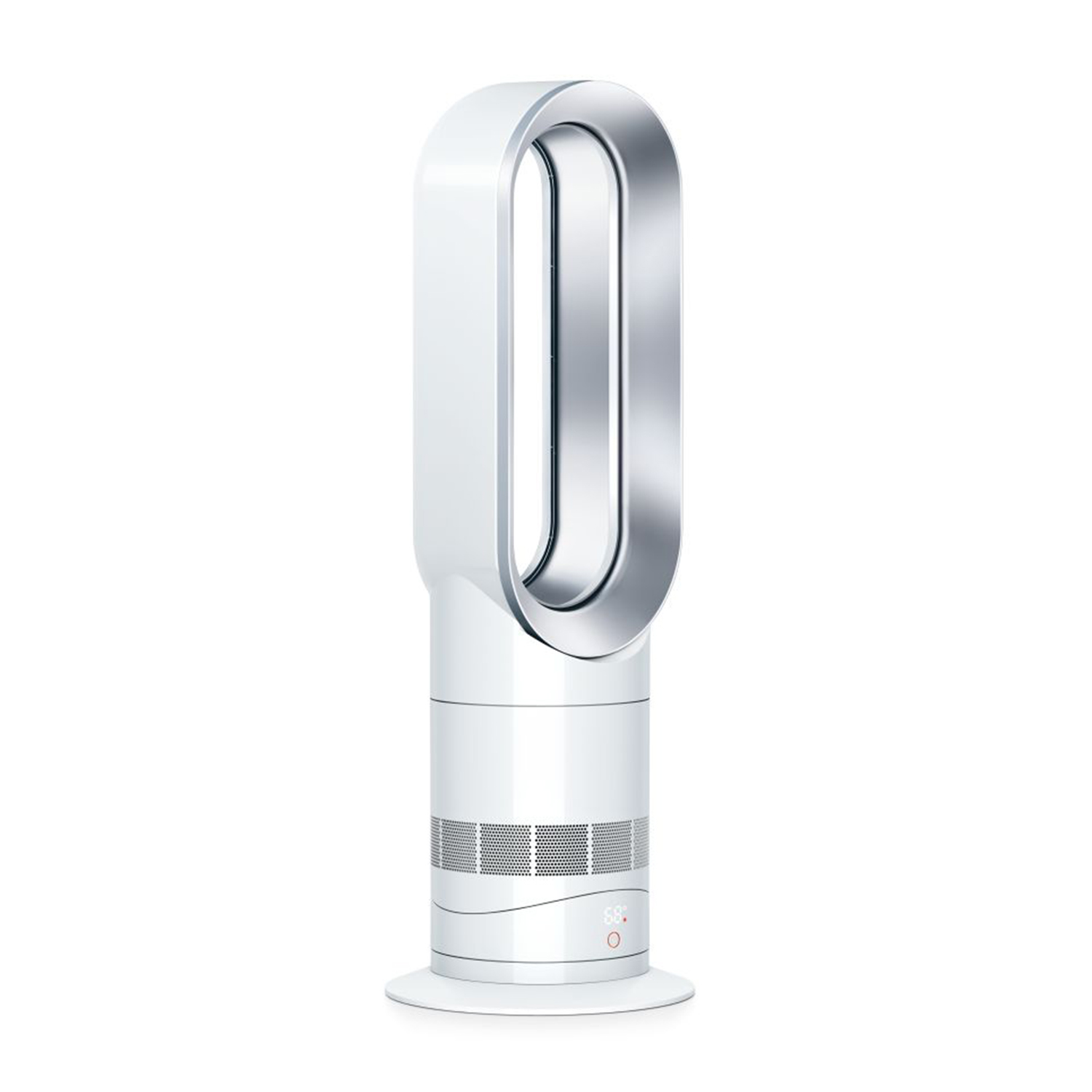 Ventilatore a torre bianco con anello argentato. Ha un display alla base. Sfondo bianco.