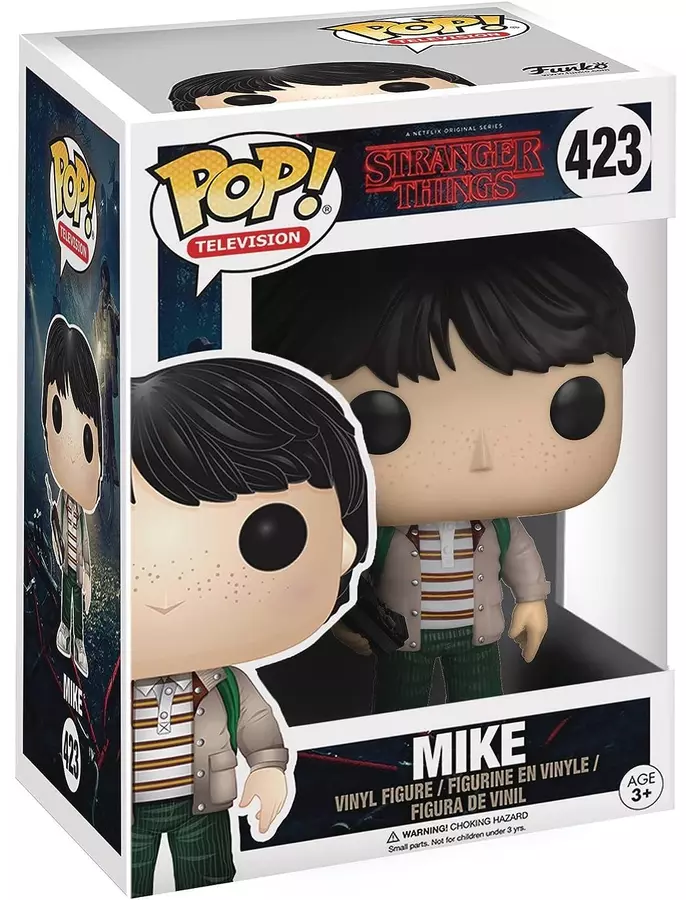 Funko Pop figura doboz: Mike a Stranger Things-ből. A figurát dobozban, részletekkel mutatja.