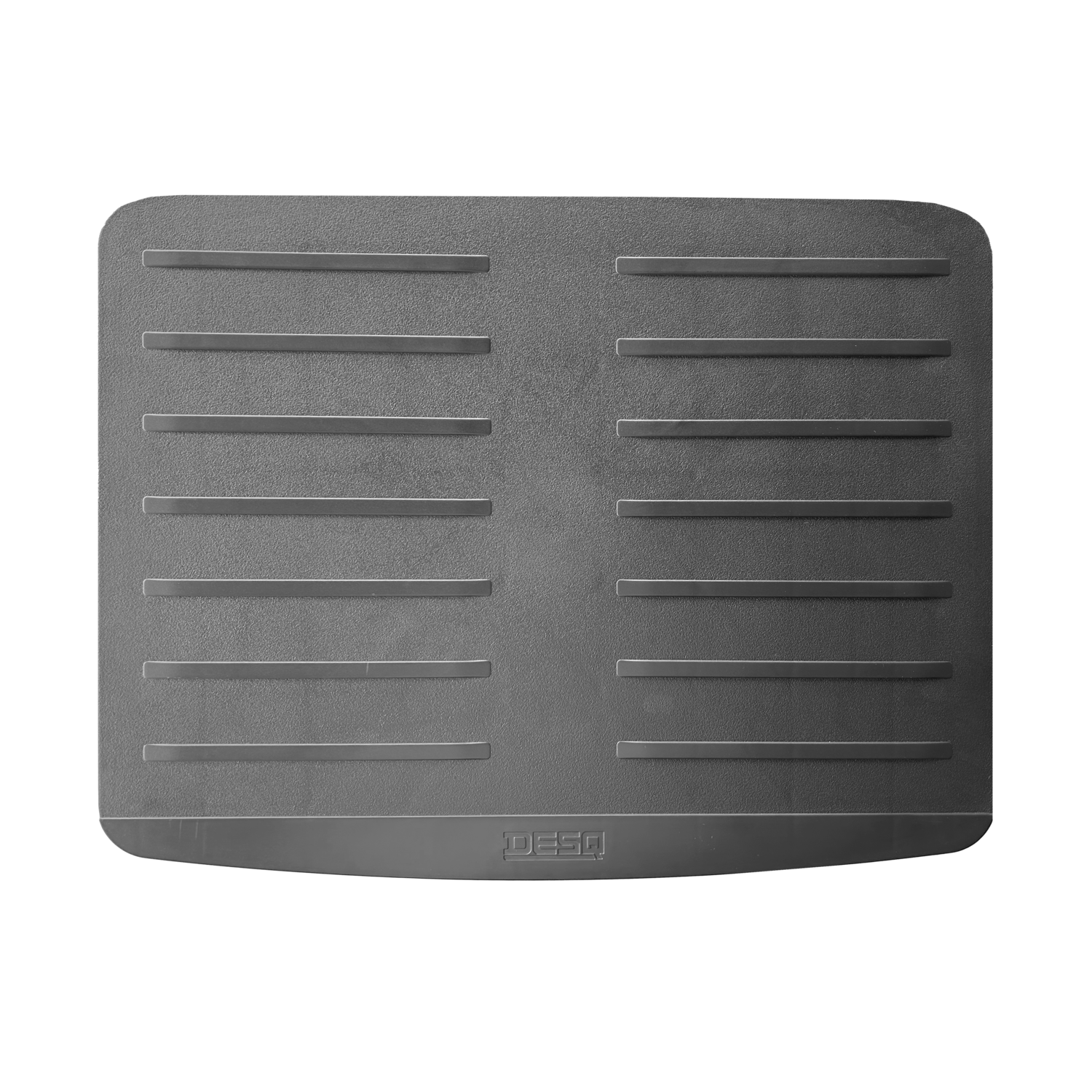 Gray rectangular placemat with horizontal grooves. Dark background.
