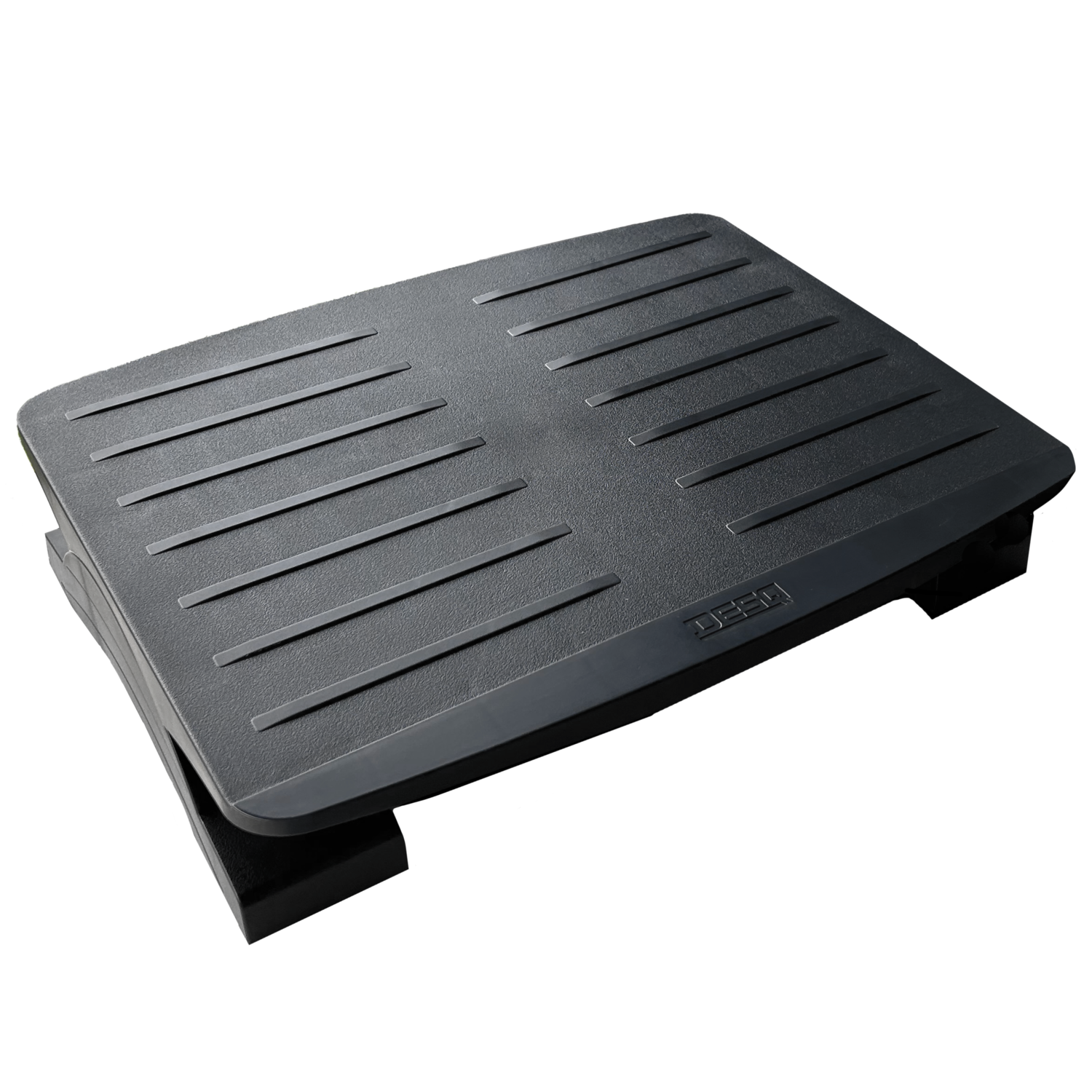 A black footrest with horizontal lines on a black background.