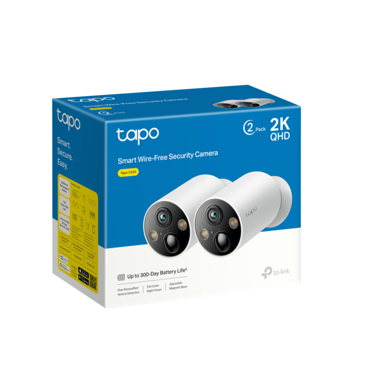 A box containing two white Tapo smart security cameras, labeled '2 Pack 2K QHD'.