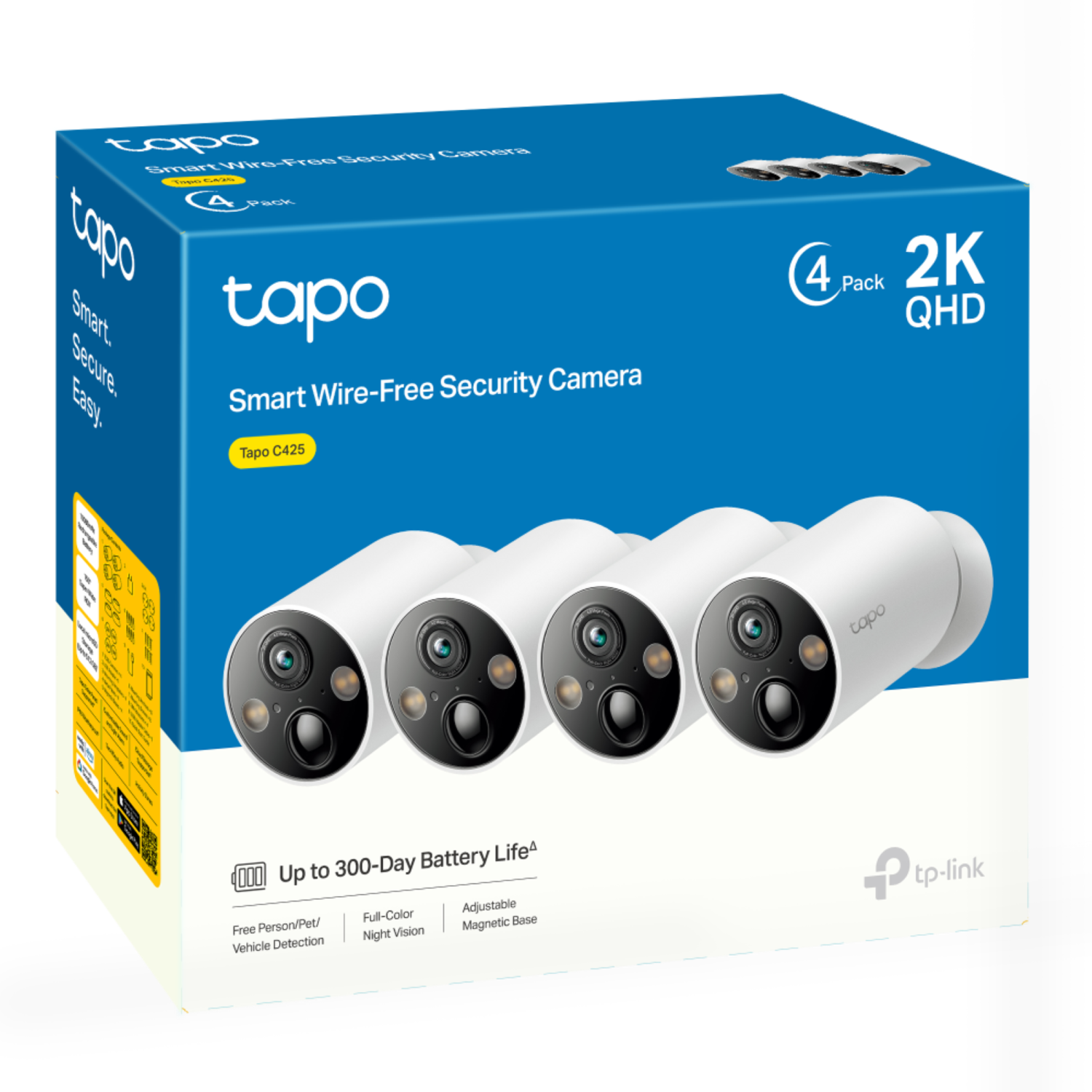 Box of Tapo Smart Wire-Free Security Camera. Contains 4 cameras, white, with a blue and white design.