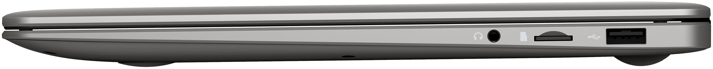 Seitenansicht eines geschlossenen Laptops. Zeigt die Anschlüsse für Audio, microSD und USB.
