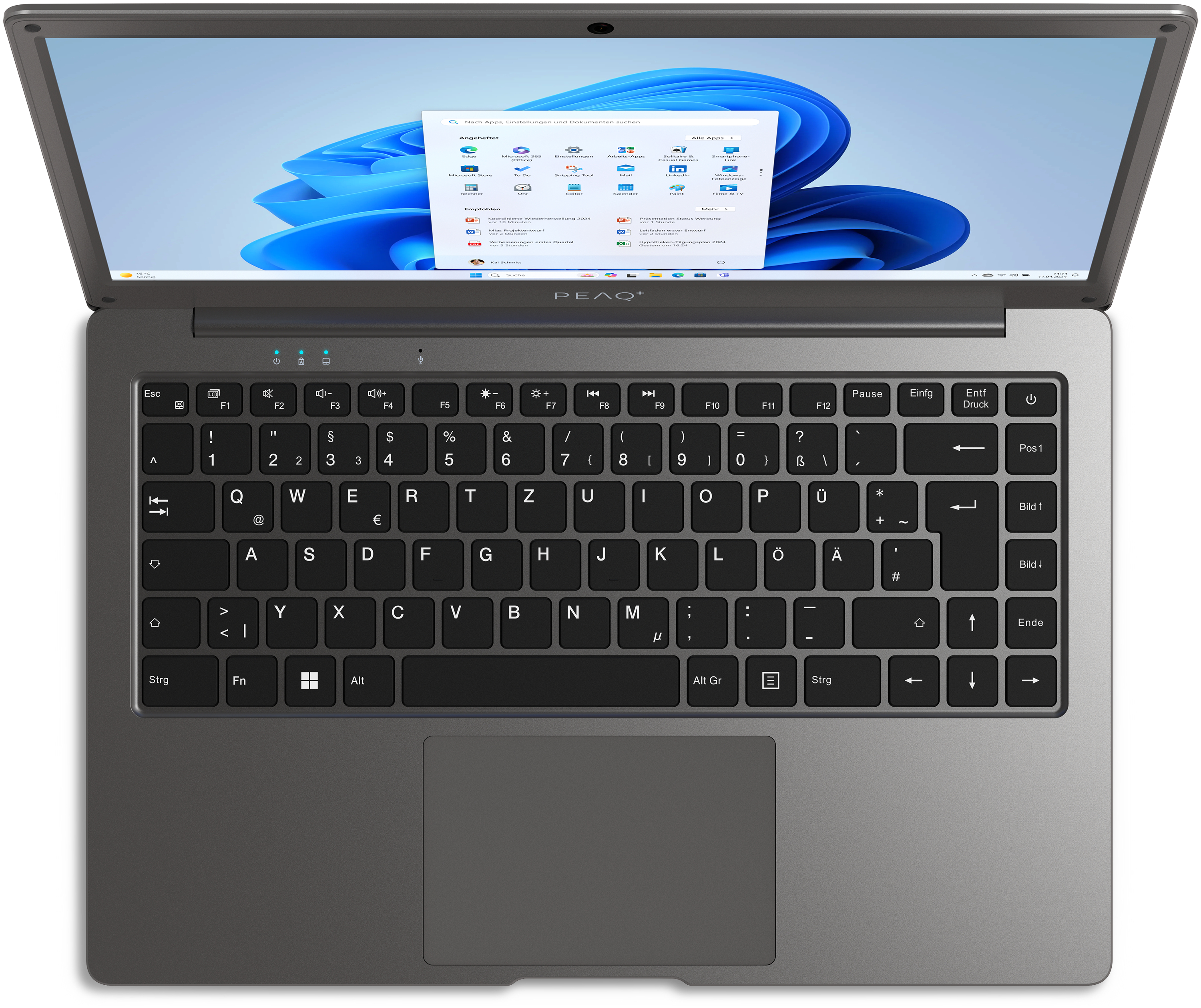 Laptop mit Tastatur und Bildschirm mit Windows-Oberfläche, Draufsicht.