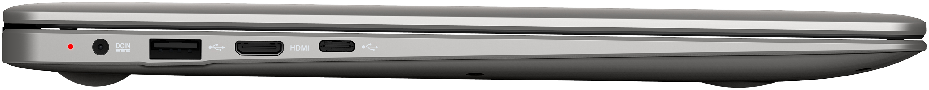 Seitenansicht eines Laptops. Zeigt Anschlüsse für Audio, USB, HDMI und Strom.