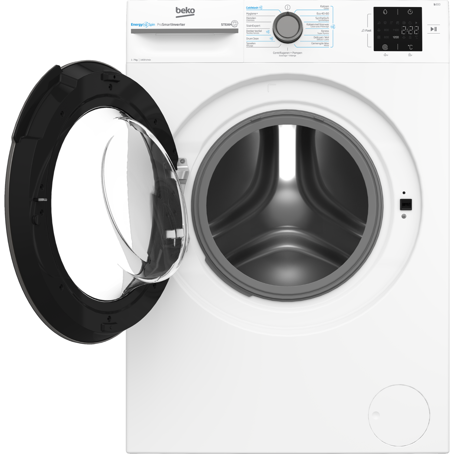Witte wasmachine met de deur open, de trommel zichtbaar. Bedieningspaneel zichtbaar.