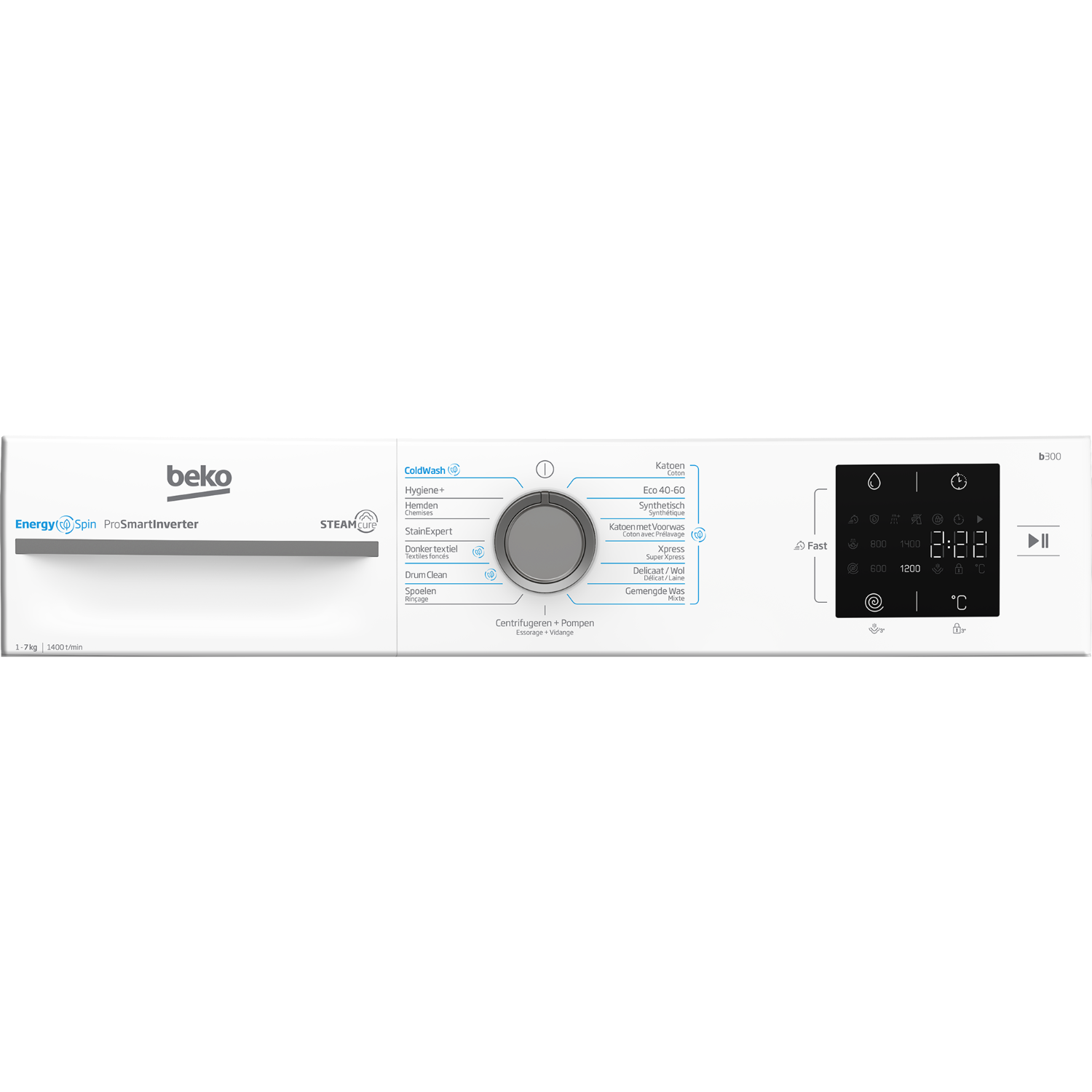Beko wasmachine bedieningspaneel, wit met diverse instellingen. Tekst en symbolen zijn zichtbaar.