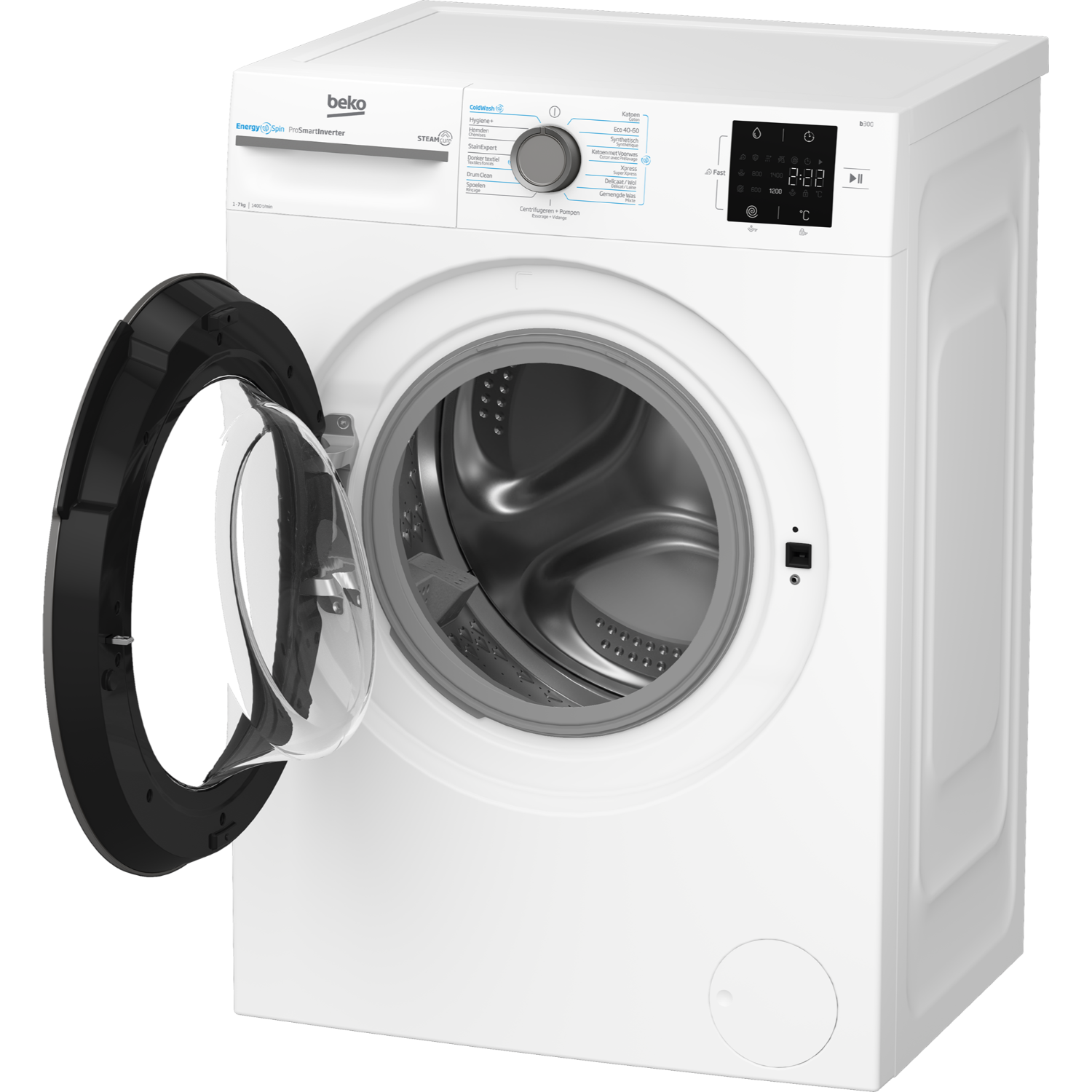 Een witte wasmachine met de deur open, de trommel tonend, op een donkere achtergrond.