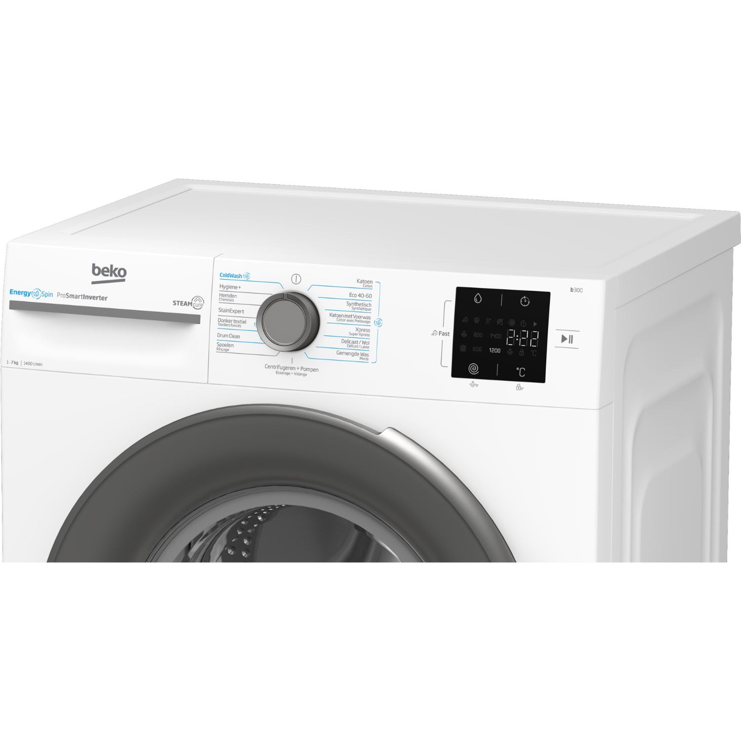 Witte wasmachine bedieningspaneel met draaiknop, scherm en knoppen.