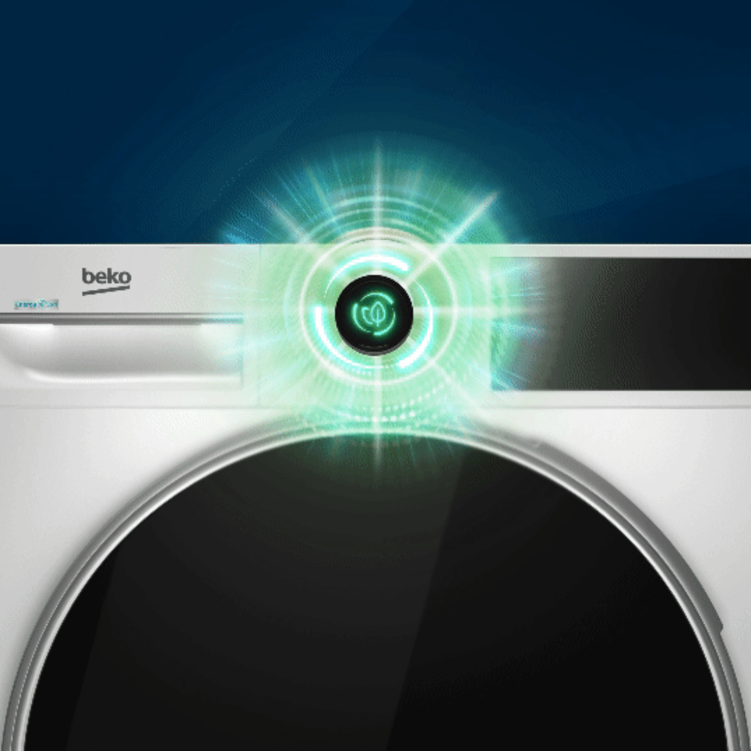 Een close-up van een wit apparaat met een groene lichtring, met het beko-logo.