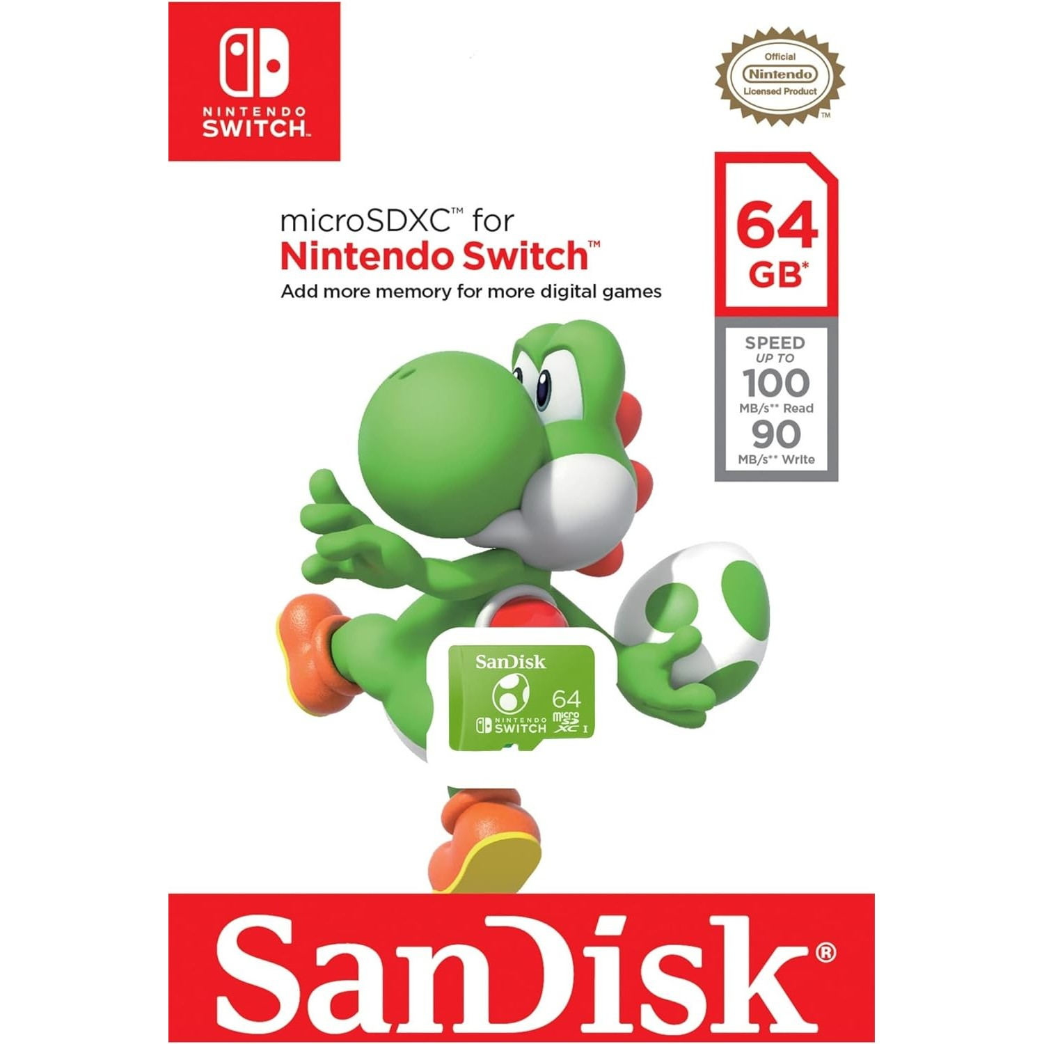 Una tarjeta SD Nintendo Switch con Yoshi al frente y un logo de Nintendo y Sandisk.