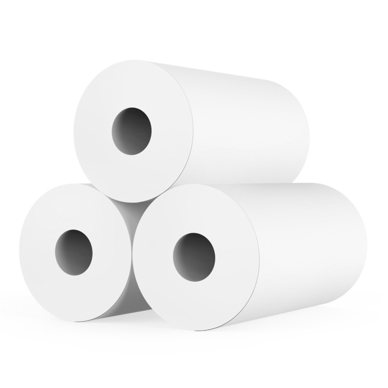 Three white paper rolls, stacked in a triangular formation, on a white background.
