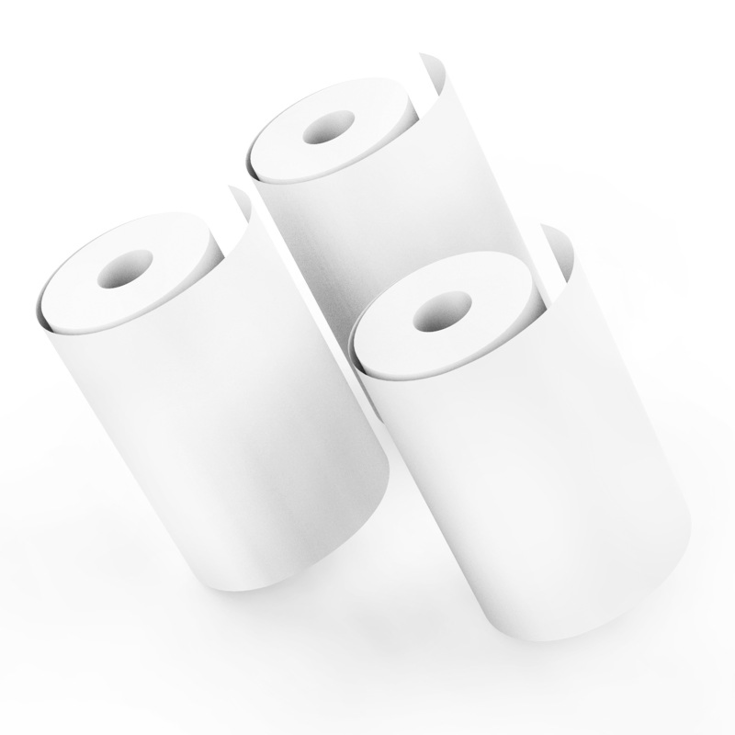 Three rolls of white receipt paper are angled against a white background.