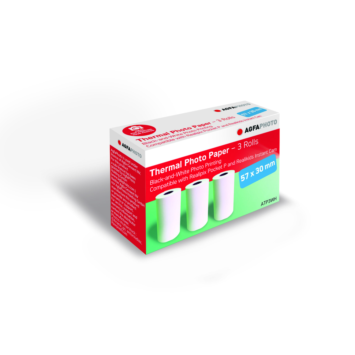 Box of AGFA Photo thermal photo paper, with three rolls visible.