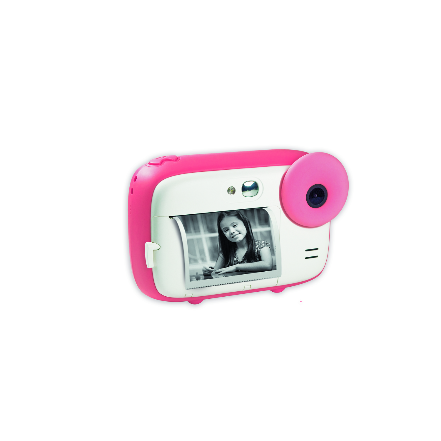 A pink and white instant camera. A photo of a smiling girl is displayed.