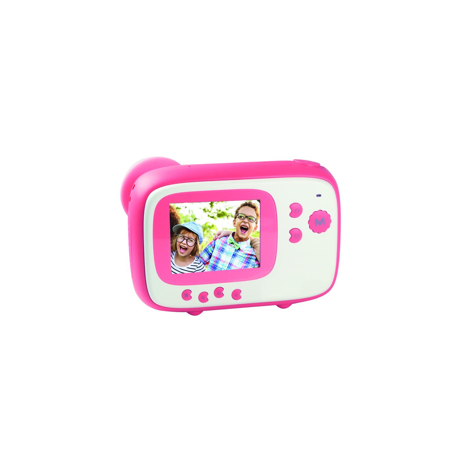Pink and white kids' camera. Two kids on the screen. White background.