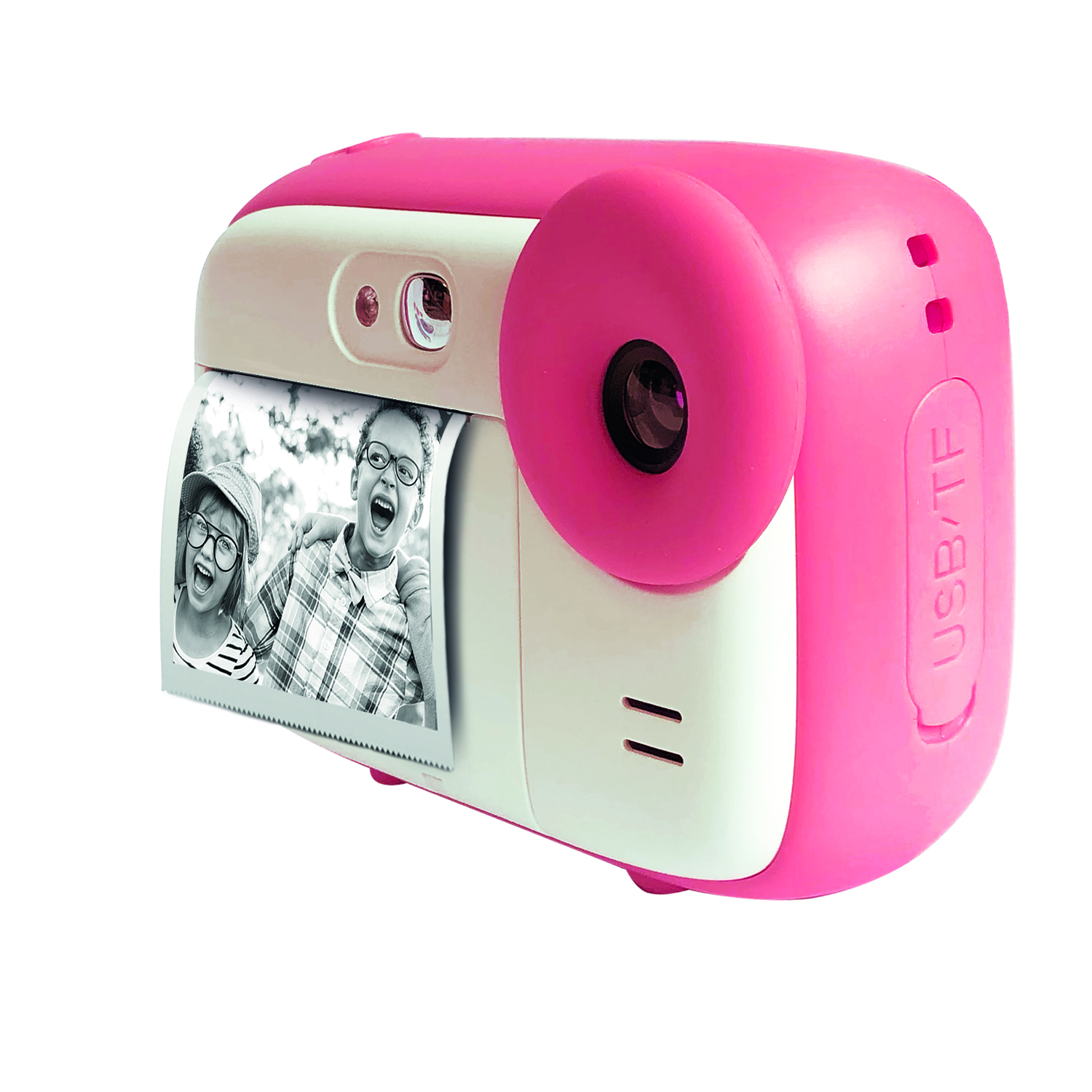Pink and white digital camera with a printed photo.