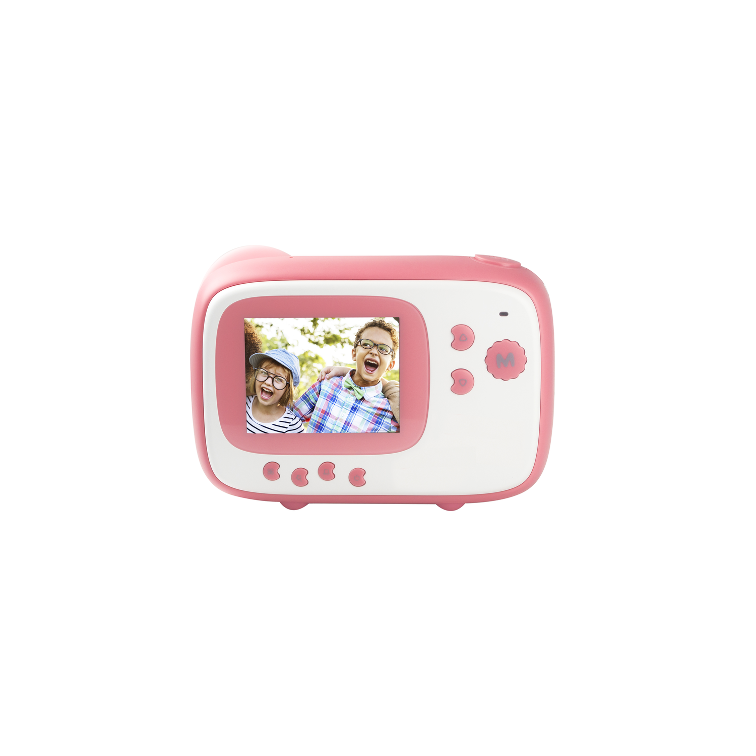 Pink and white kids camera. Two kids on screen are smiling, pink buttons.