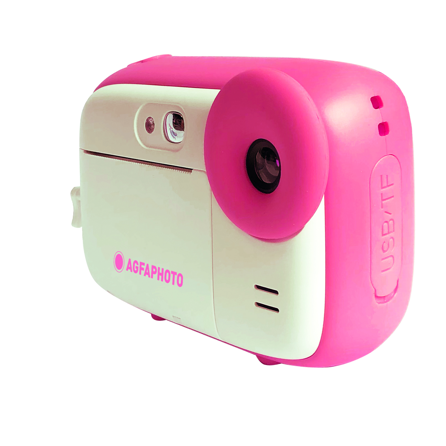 Pink and white AgfaPhoto instant camera, isolated on white background.