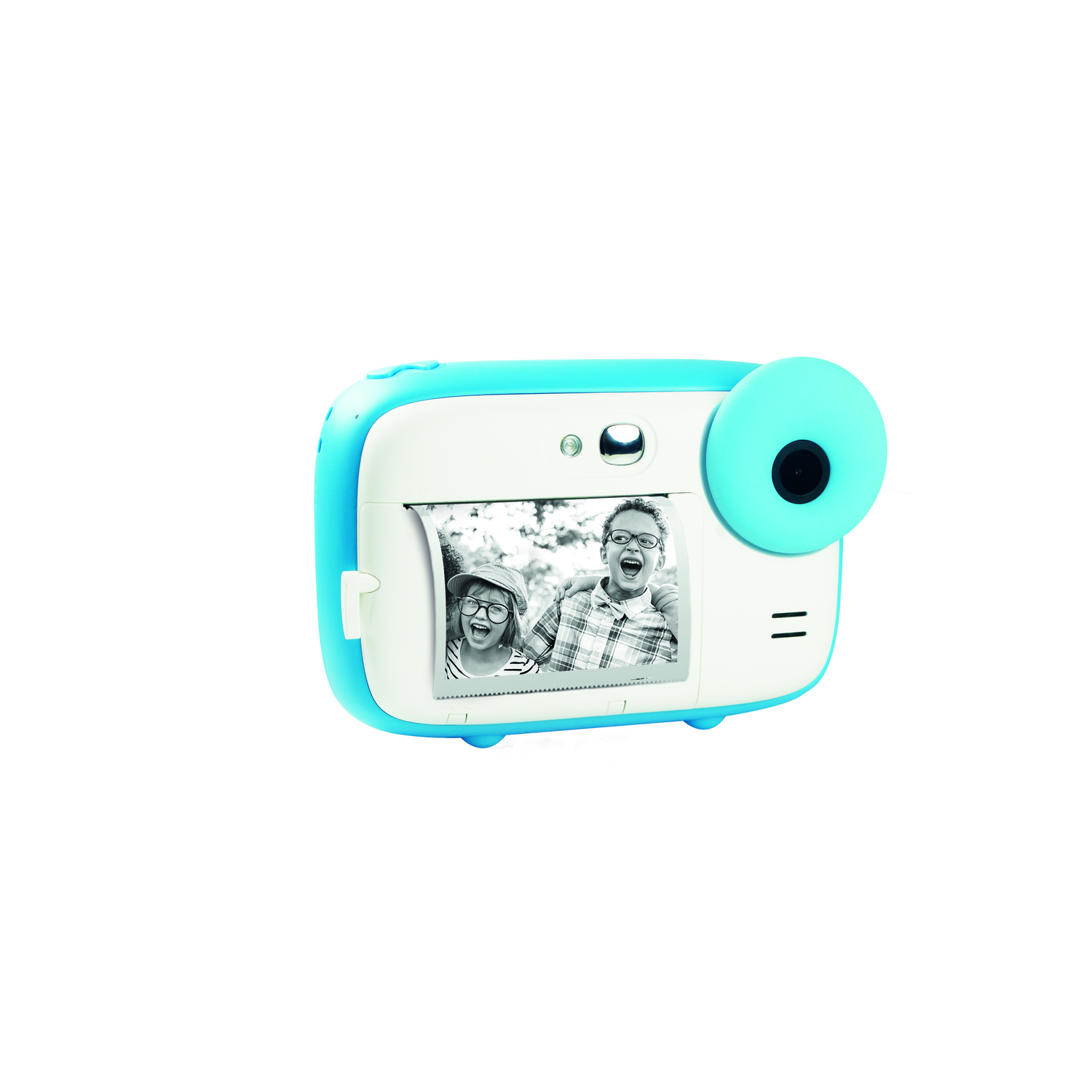A blue and white instant camera displays a black and white photo of two children.