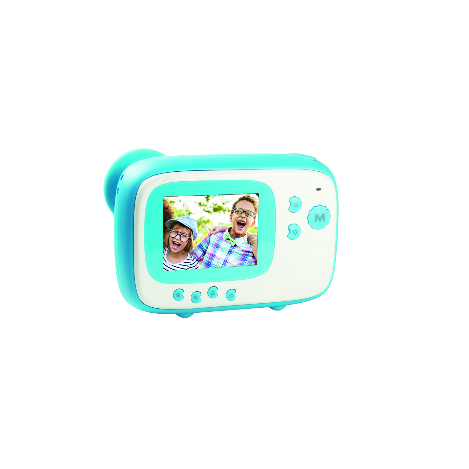 Blue and white toy camera displaying a photo of two smiling children. White background.