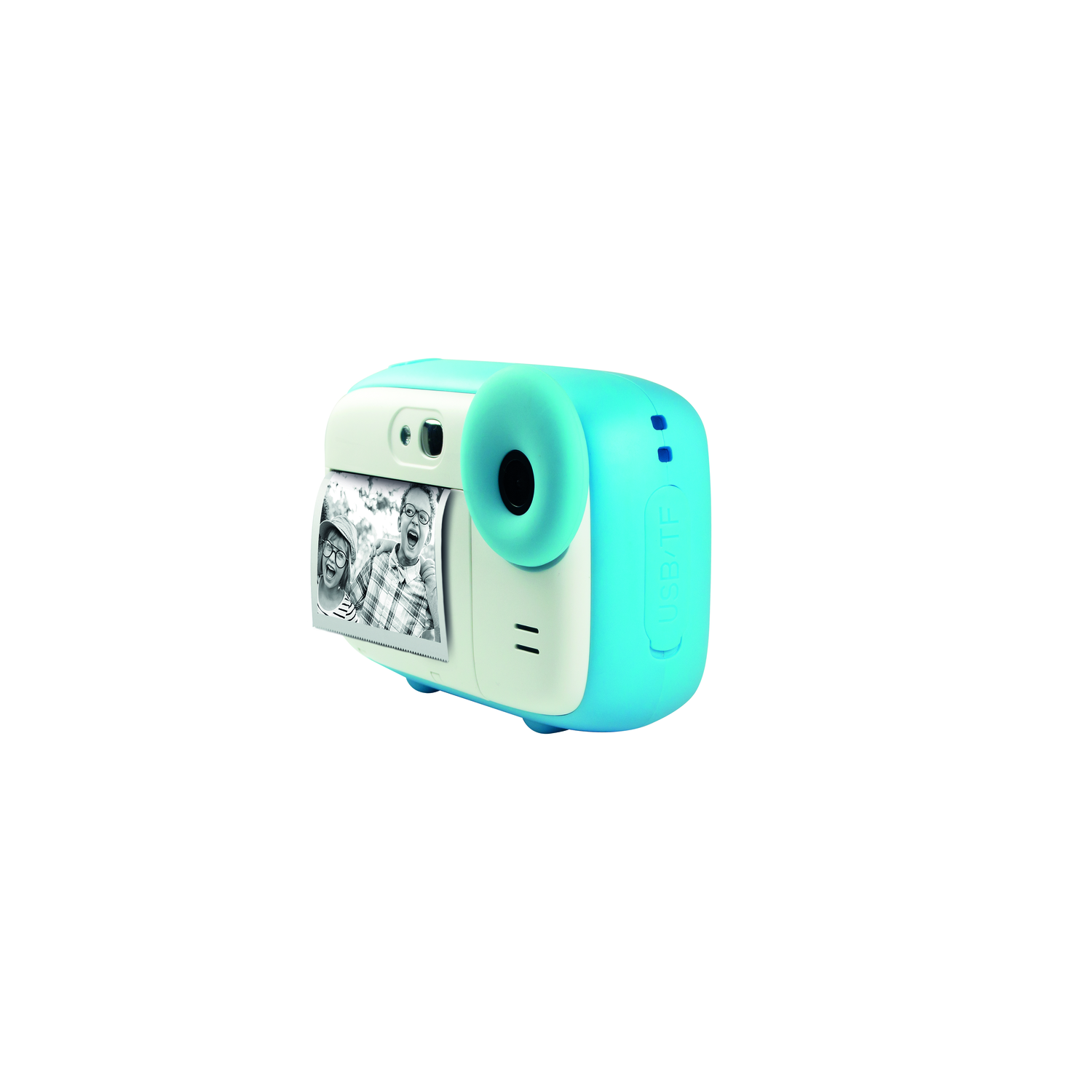 A blue and white instant camera displaying a photo of two people, on white background.