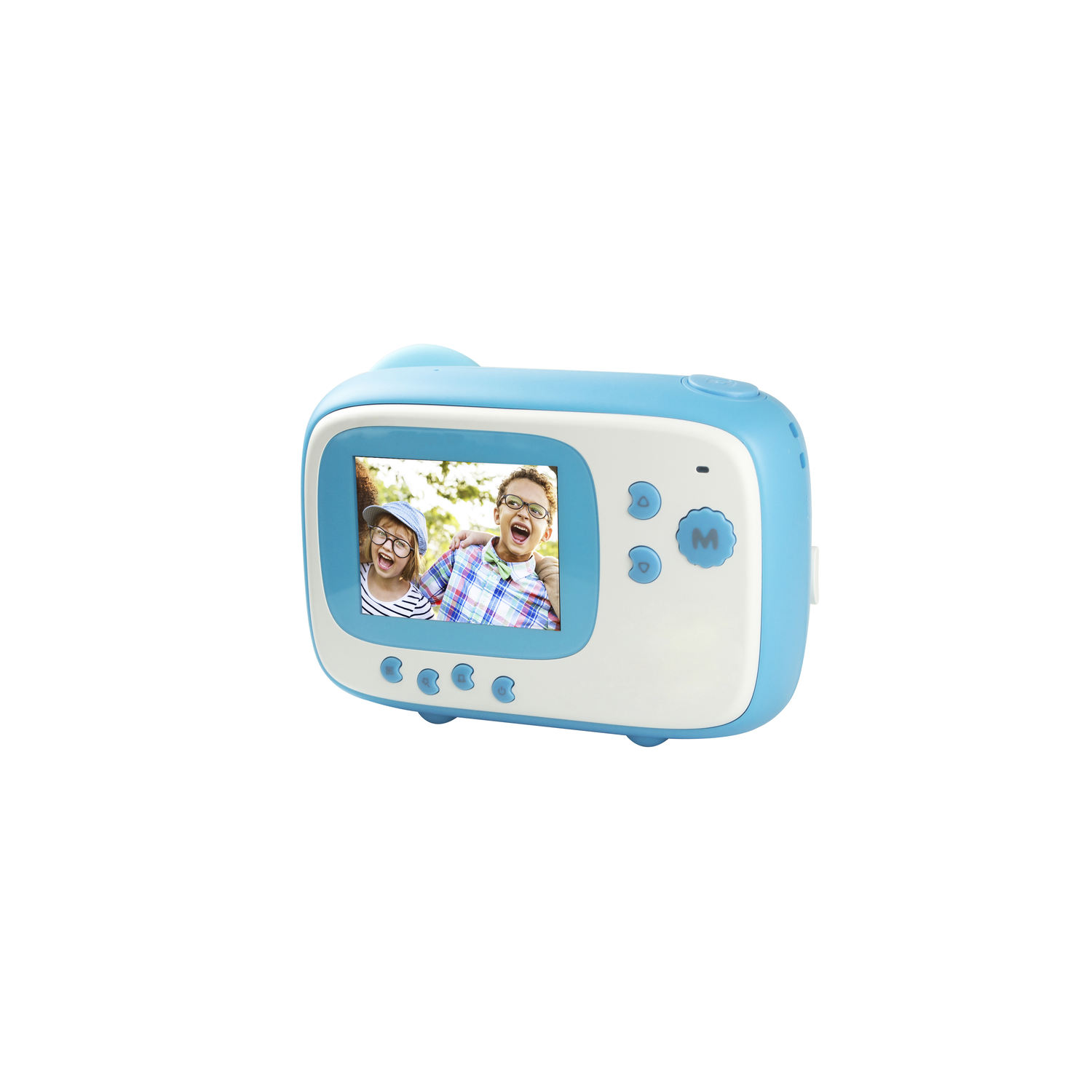 A blue and white toy camera showing two kids on screen, over a white background.
